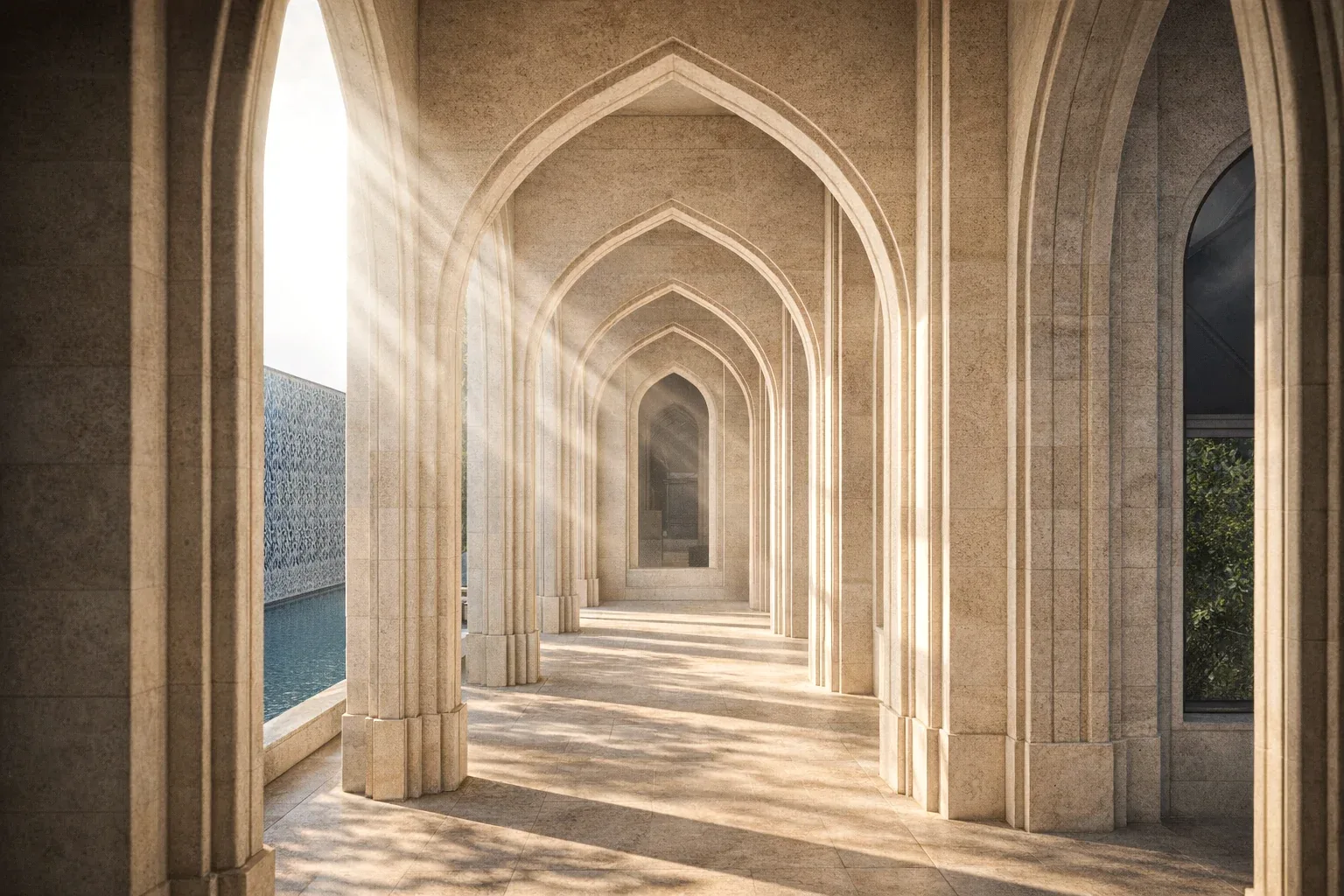 A gallery with pointed arches: sunlight through the stained glass
