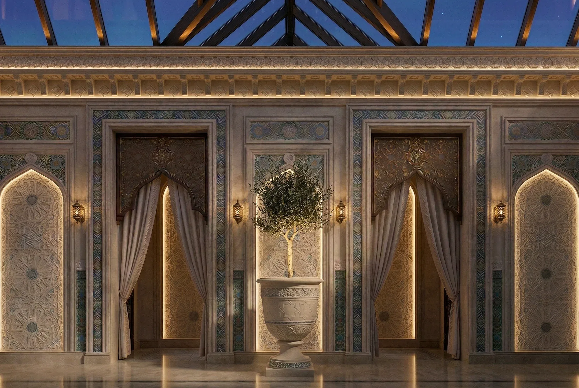 A state interior with traditional ornament and a glazed roof under evening lighting