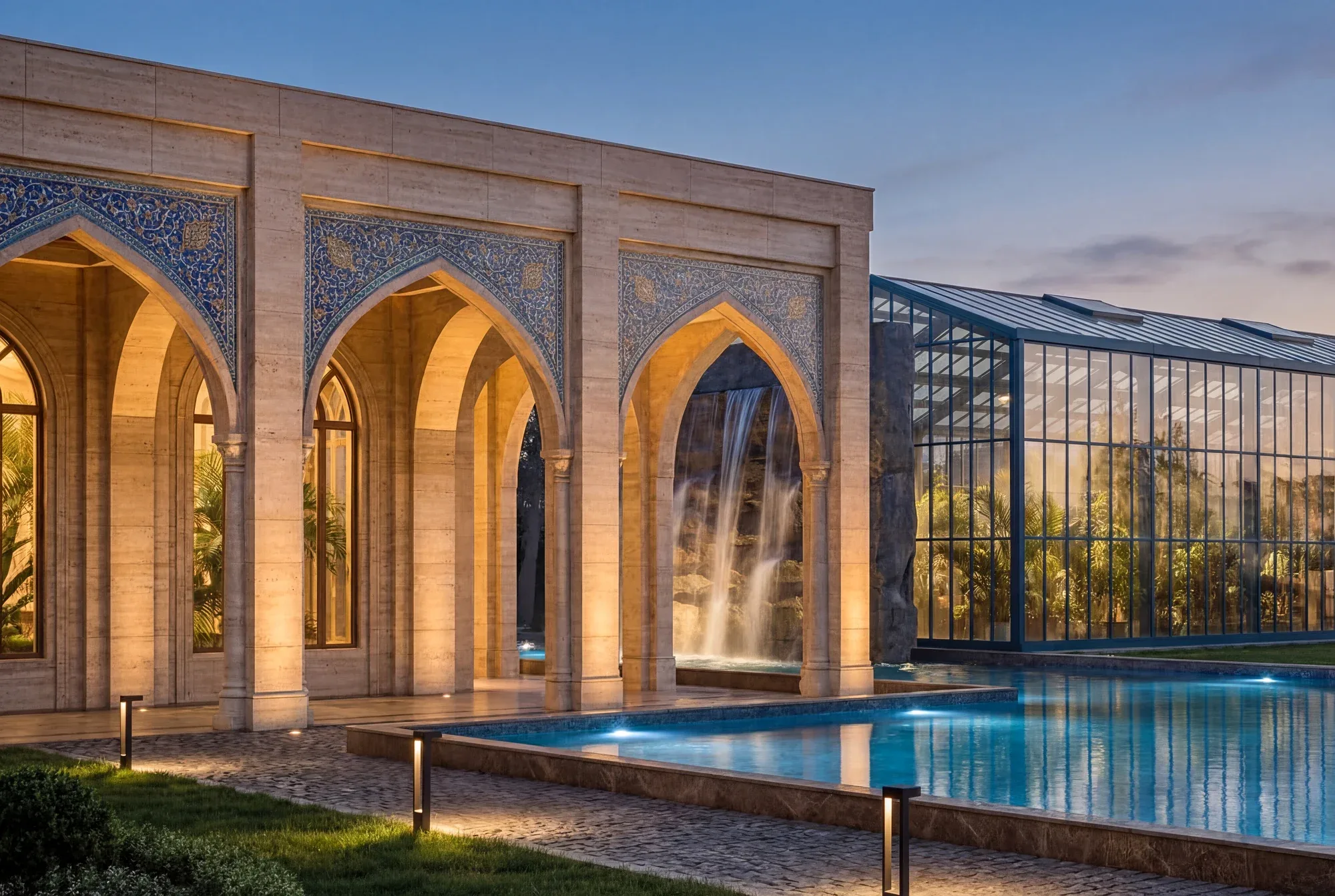 An arcade with a pool and lighting in the evening