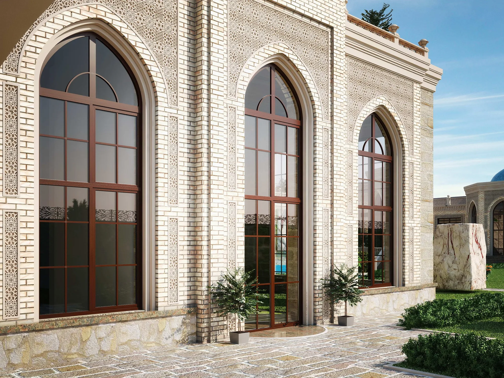 Private retreat in Gazalkent: pointed-arch windows in carved stone — SAD studio