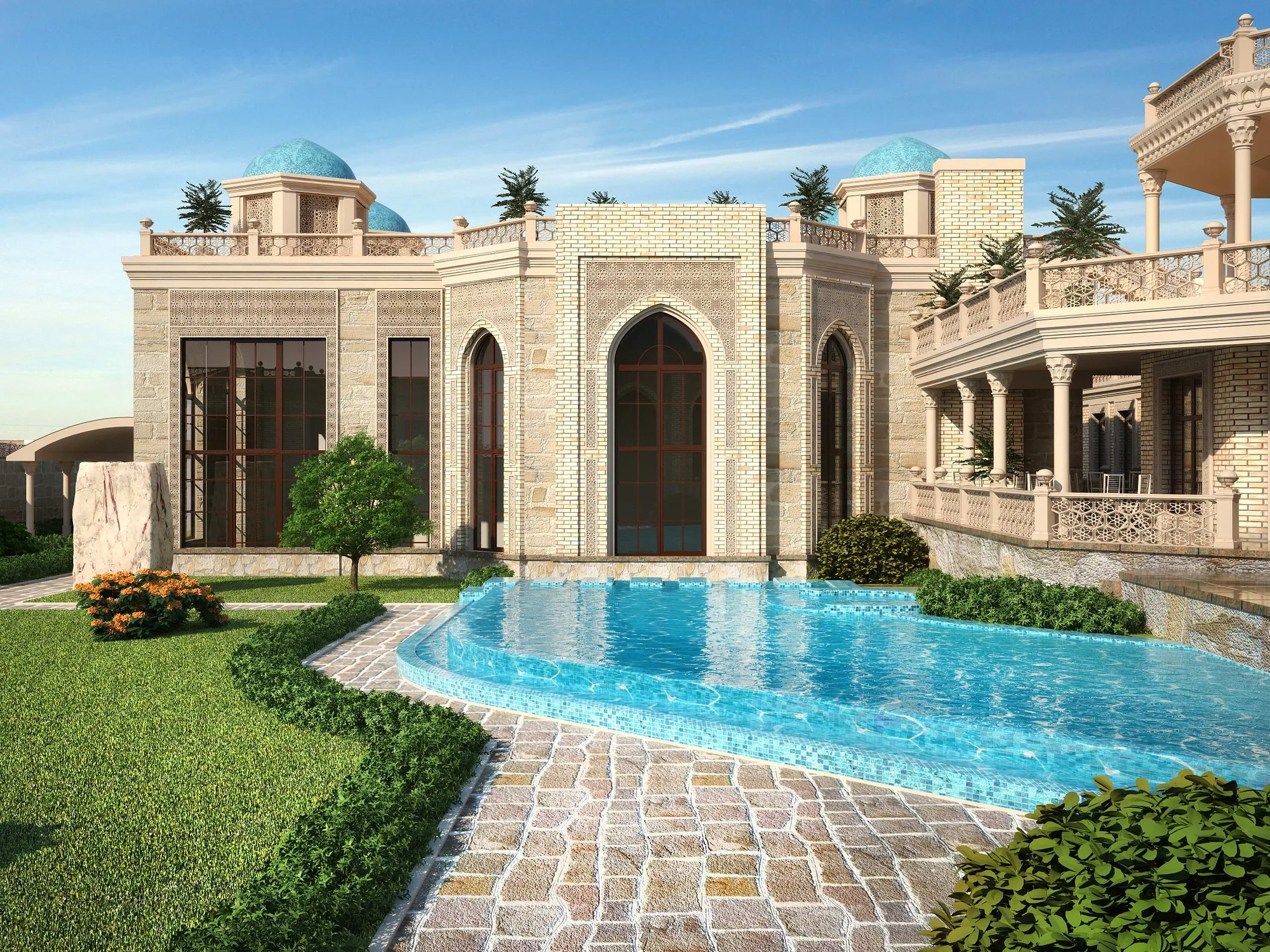 Private retreat in Gazalkent: the pool in front of the arched facade — SAD studio