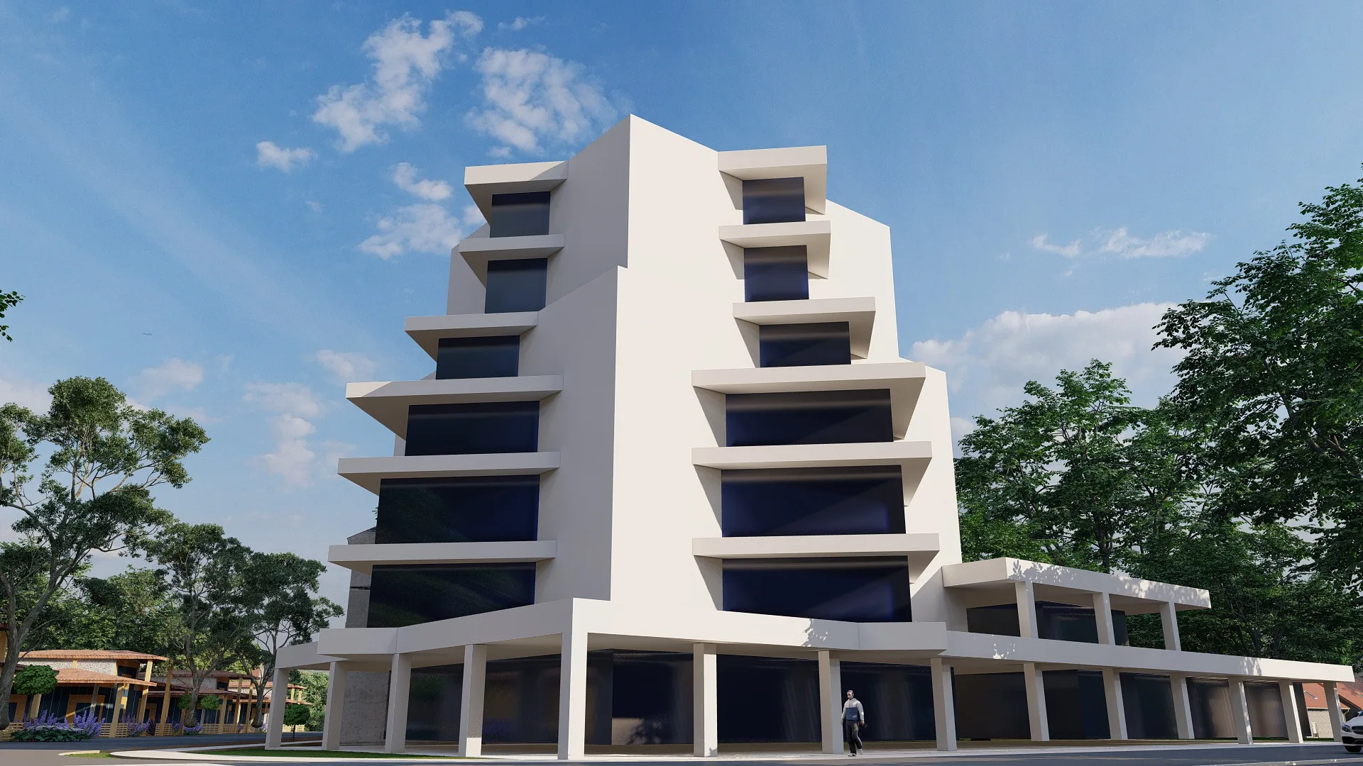 Geofizika quarter render: stepped hotel block — SAD studio