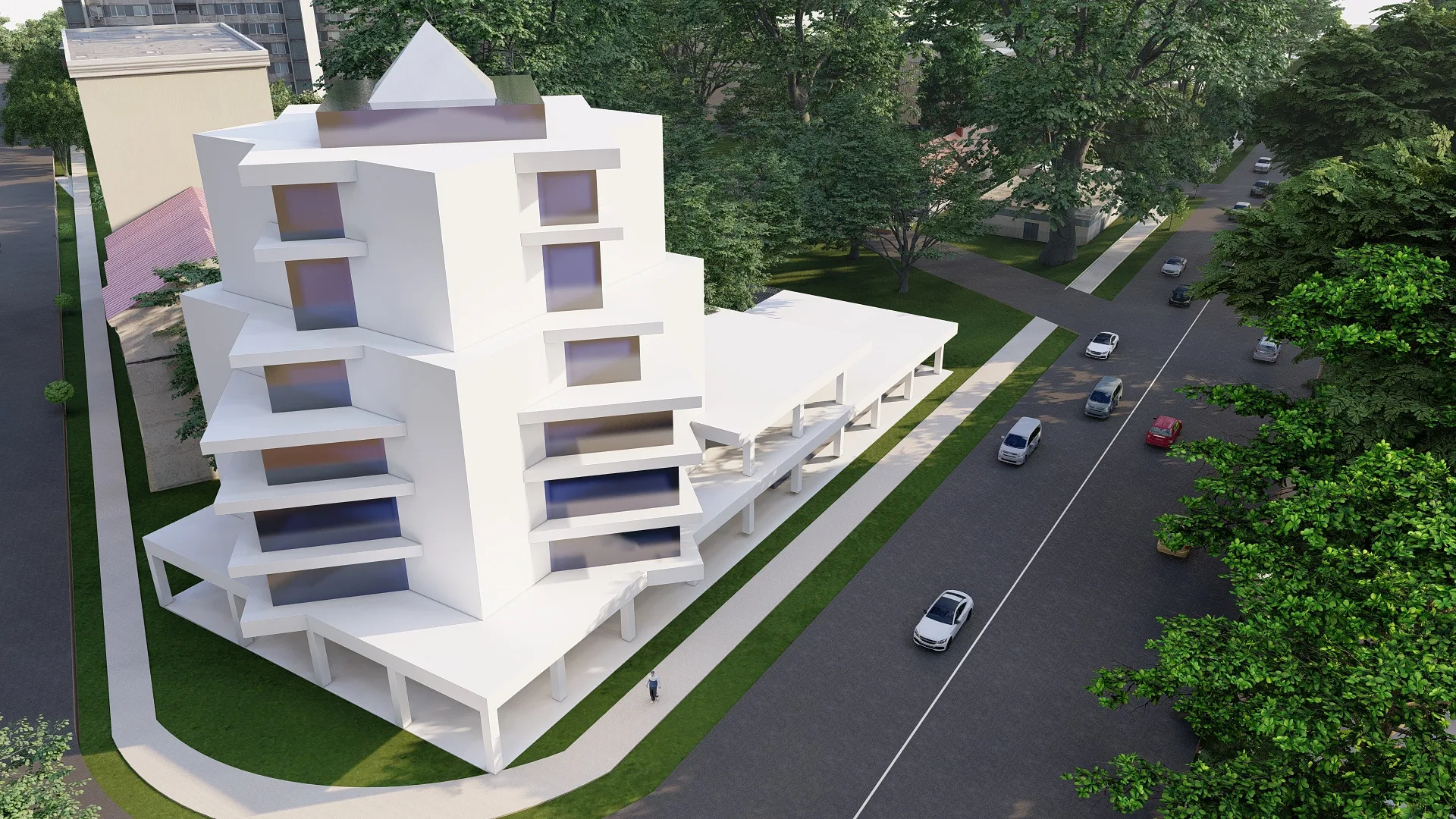Geofizika quarter render: stepped block by the road — SAD studio