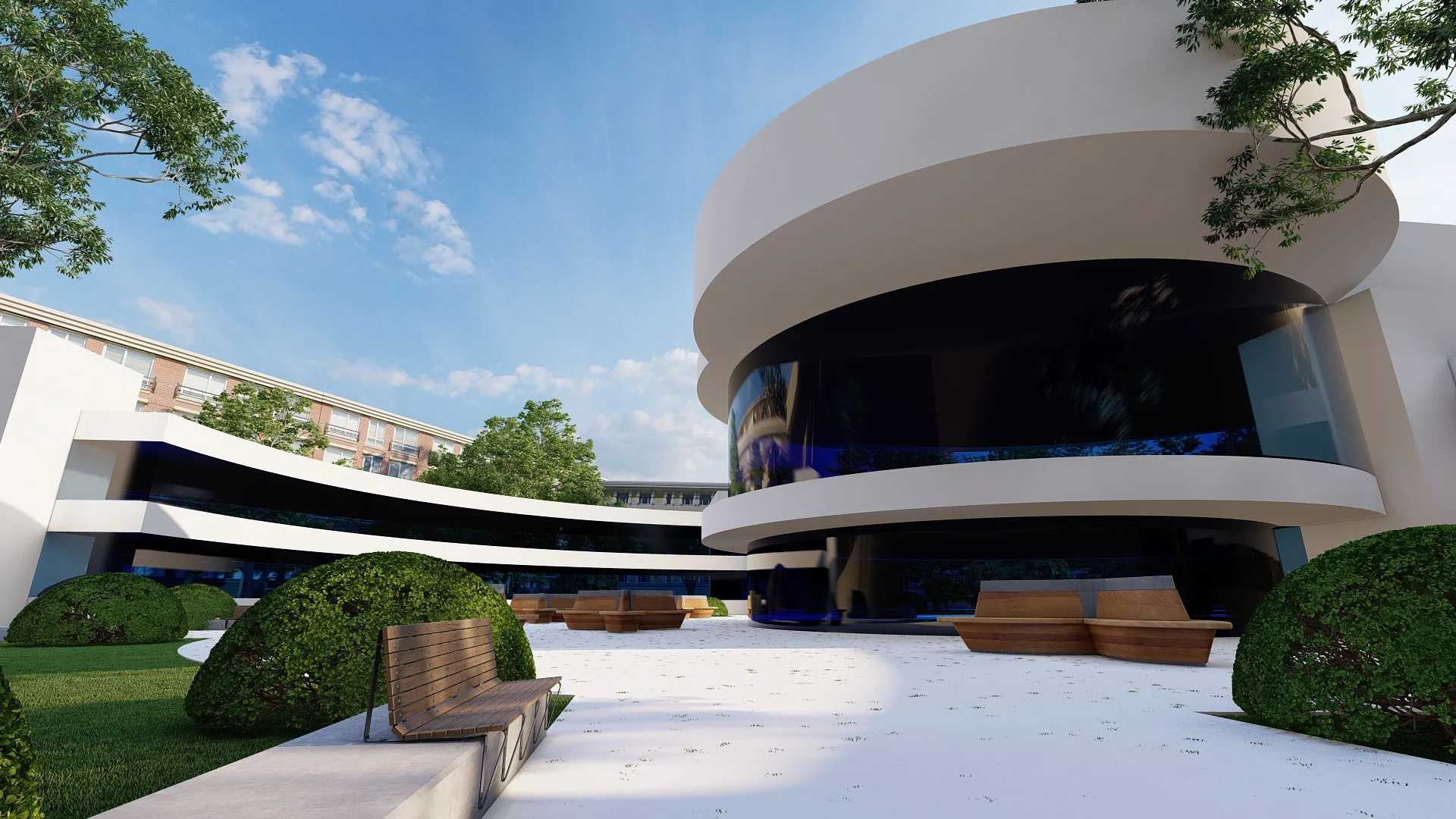 Geofizika quarter render: school rotunda in the evening — SAD studio