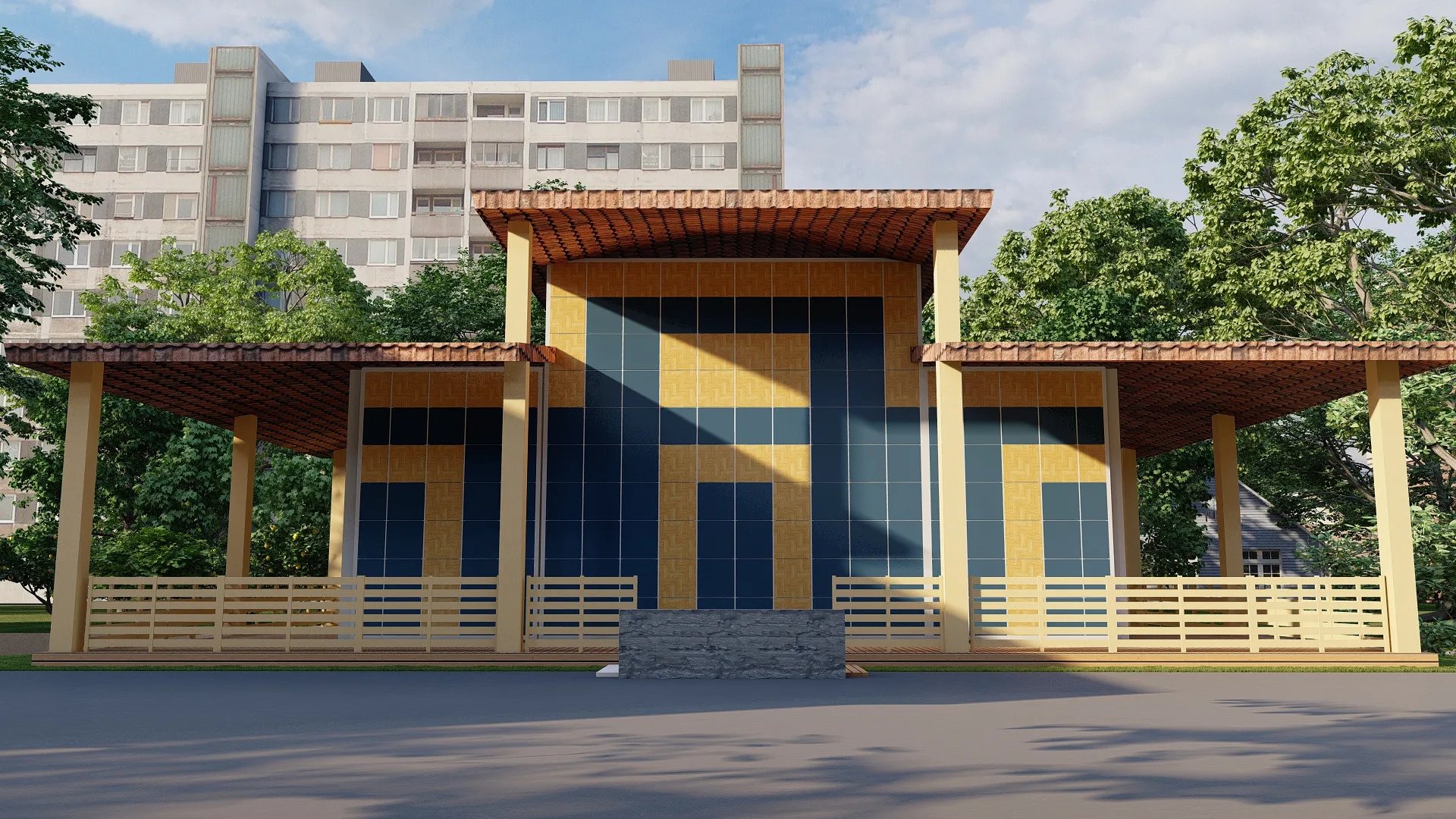 Geofizika quarter render: restaurant main facade — SAD studio