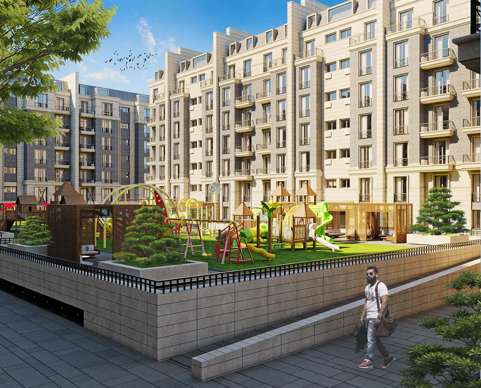 Courtyard of the Grand Park complex in Tashkent: the parking retaining wall, lawn and play equipment — SAD studio