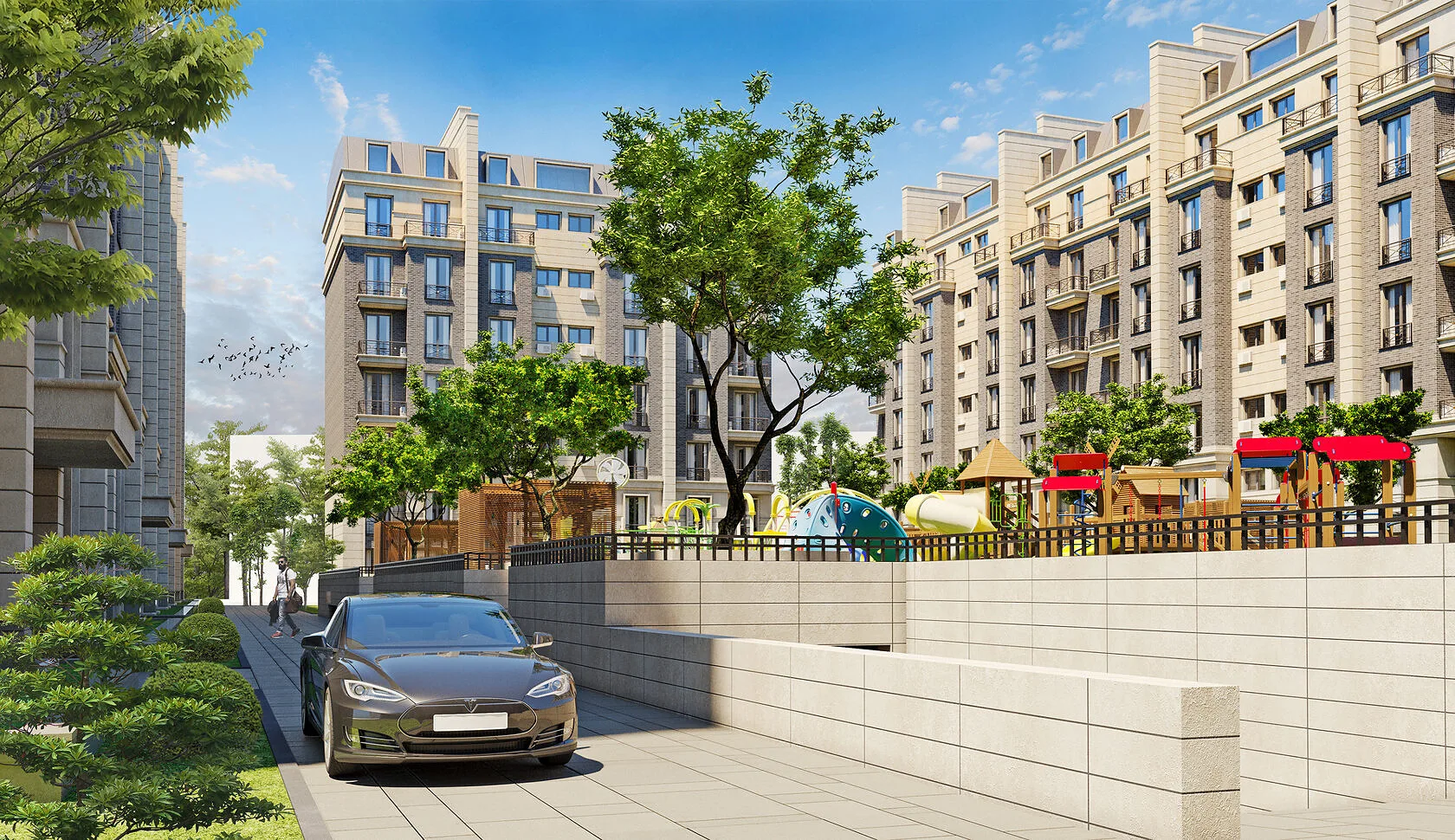 Grand Park in Tashkent from street level: the pavement, the underground parking entrance and the courtyard raised above the drive — SAD studio