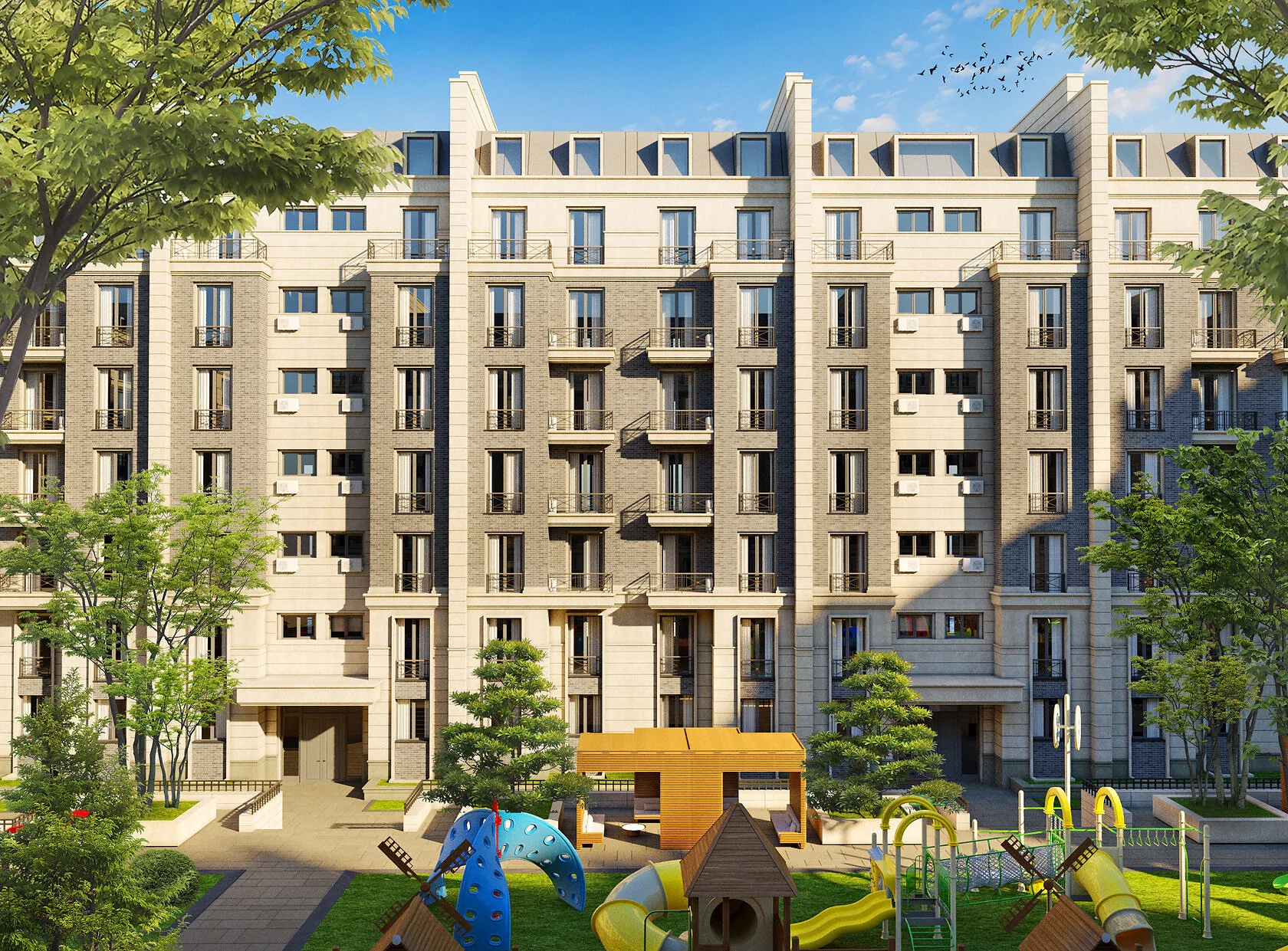 Courtyard elevation of Grand Park in Tashkent: light stone, bay windows and balconies above the playground — SAD studio