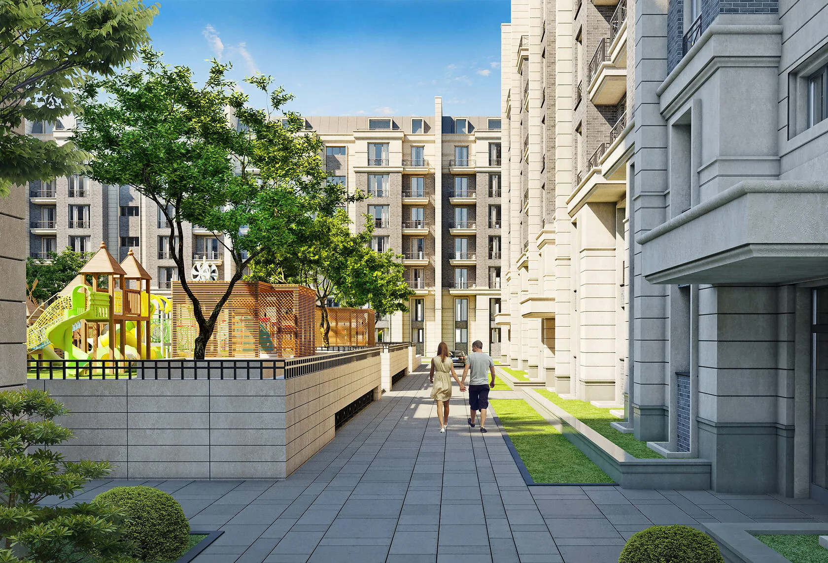 Pedestrian lane between the Grand Park blocks in Tashkent: paving, trees and a block entrance — SAD studio