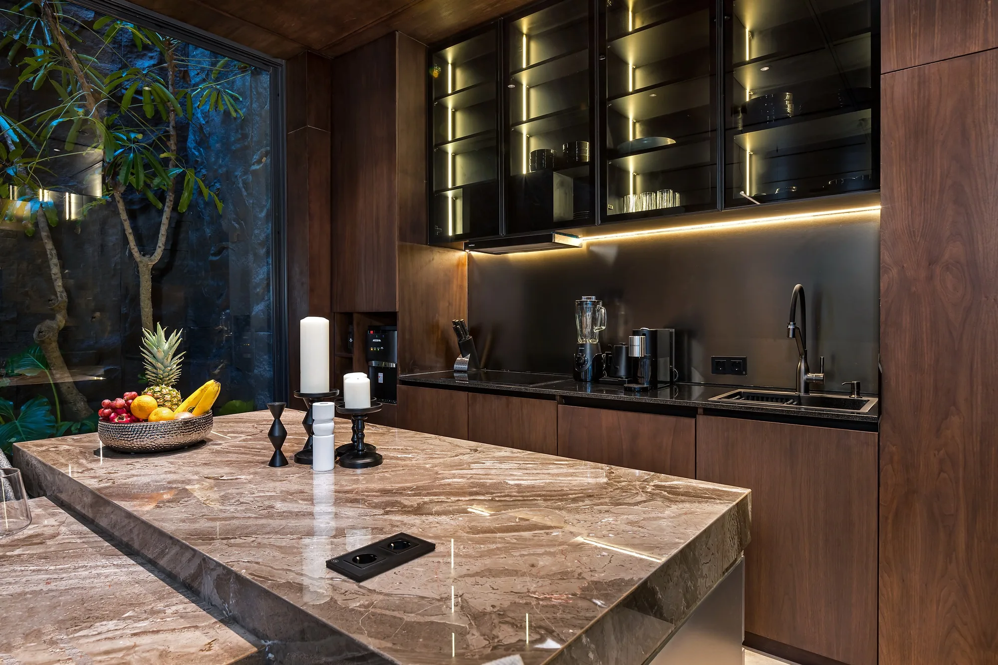 A close view of the stone kitchen island top