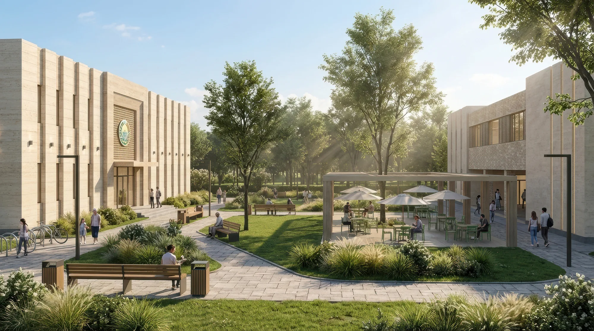 Rendering of the Gulbuloq mahalla: the square by the mahalla centre with benches — SAD studio