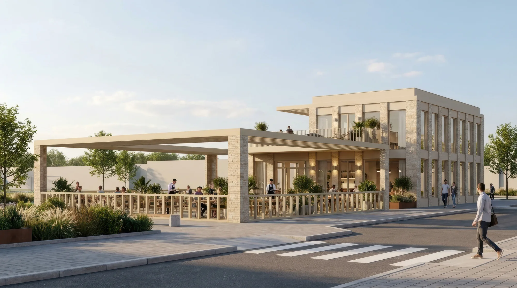 Rendering of the Gulbuloq mahalla: the two-storey chaikhana with terraces — SAD studio