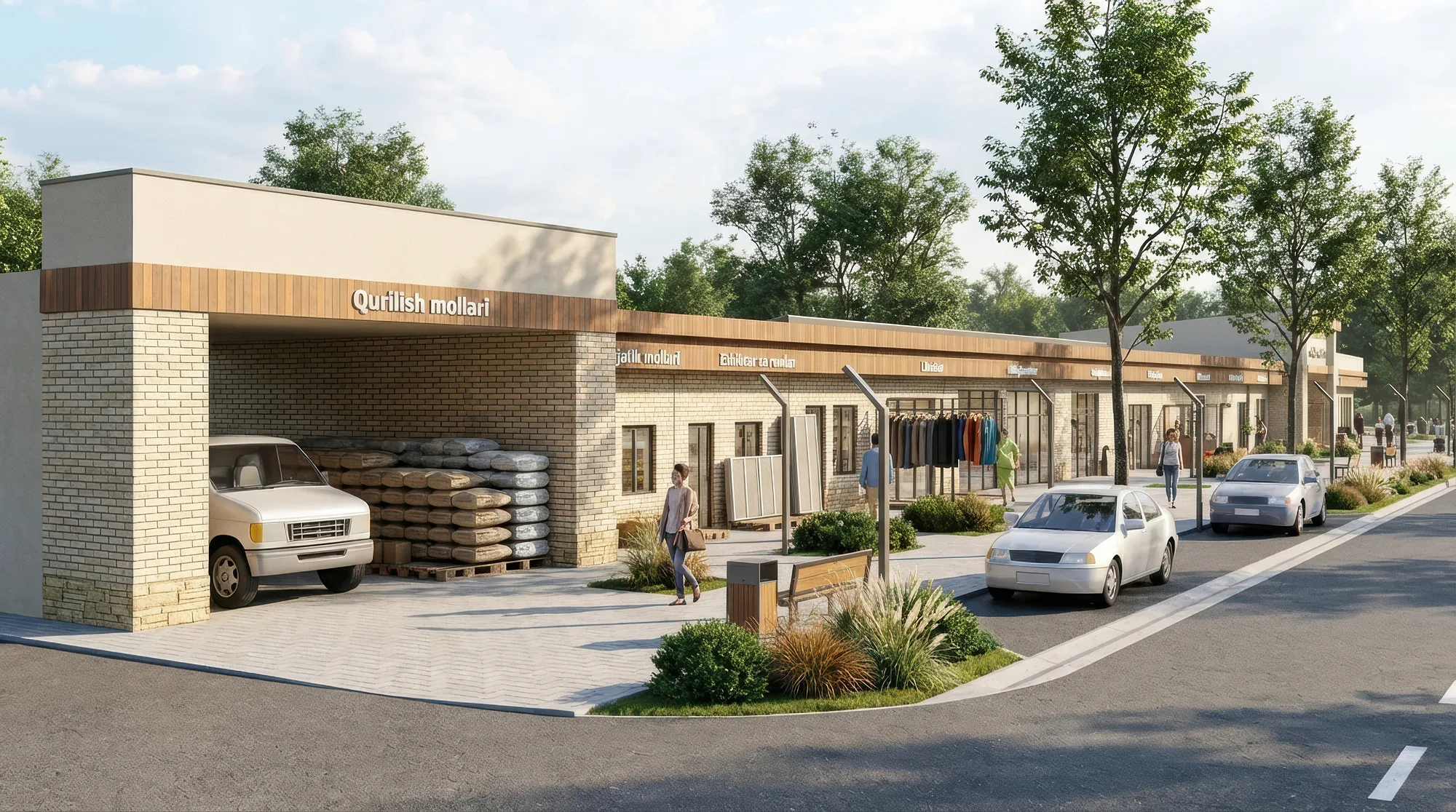Rendering of the Gulbuloq mahalla: the retail row and the access road — SAD studio