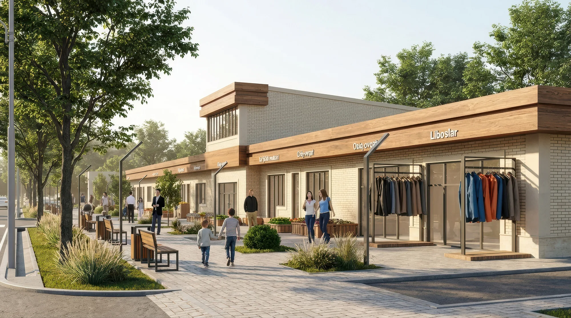 Rendering of the Gulbuloq mahalla: the pavement along the retail row — SAD studio