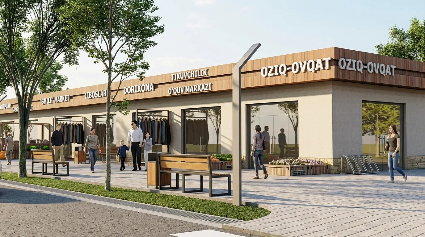 Rendering of the Gulbuloq mahalla: unified signage on the retail row facade — SAD studio