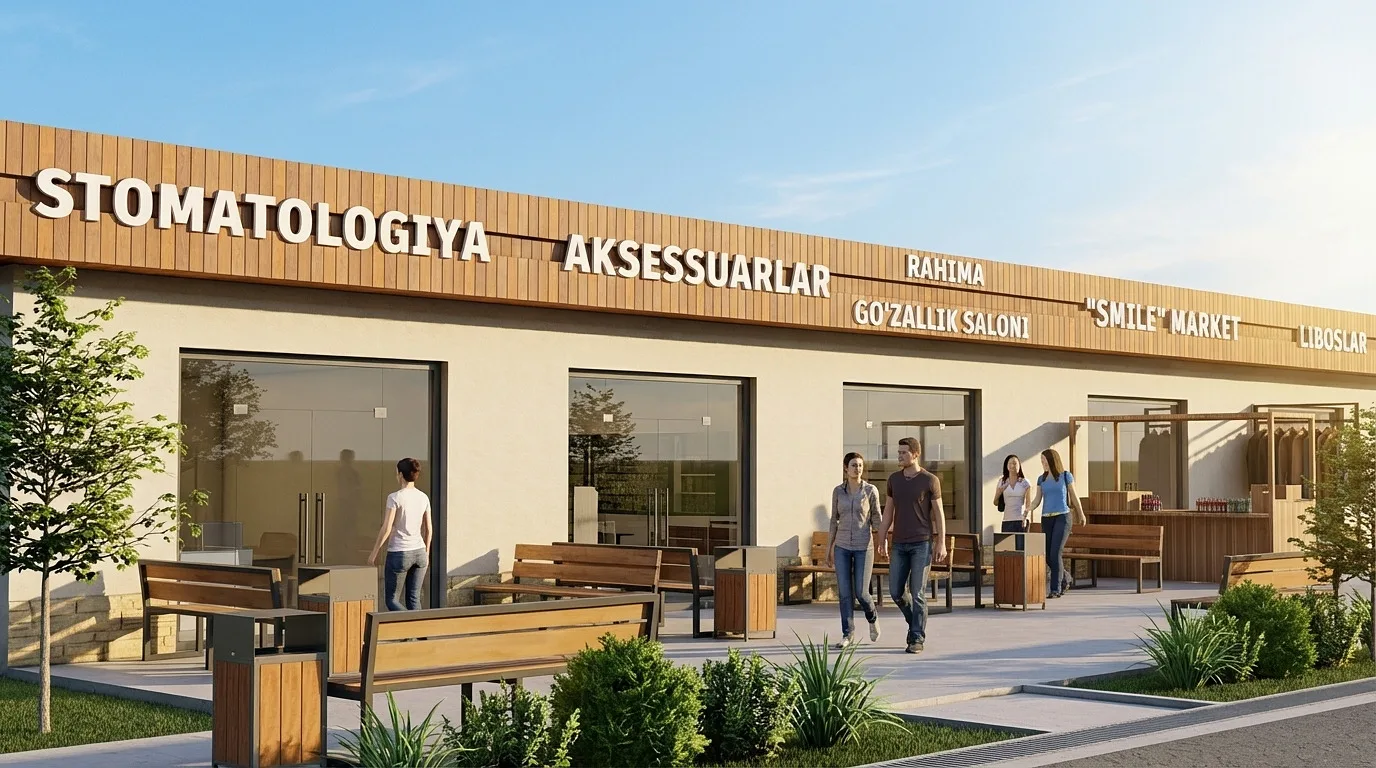 Rendering of the Gulbuloq mahalla: shop windows and benches of the retail row — SAD studio