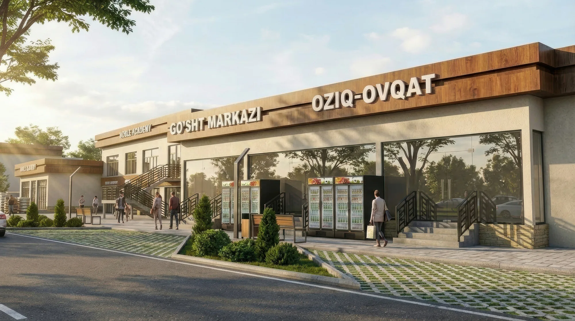 Rendering of the Gulbuloq mahalla: shops of the retail row — SAD studio