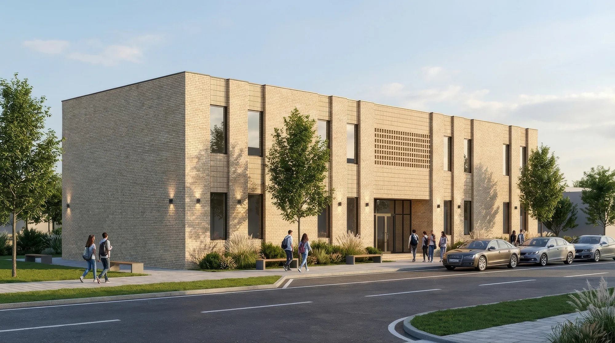 Rendering of the Gulbuloq mahalla: a public building on a street corner — SAD studio