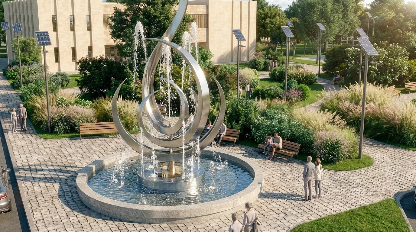 Rendering of the Gulbuloq mahalla: the stele shaped like a flower-spring, with a fountain — SAD studio