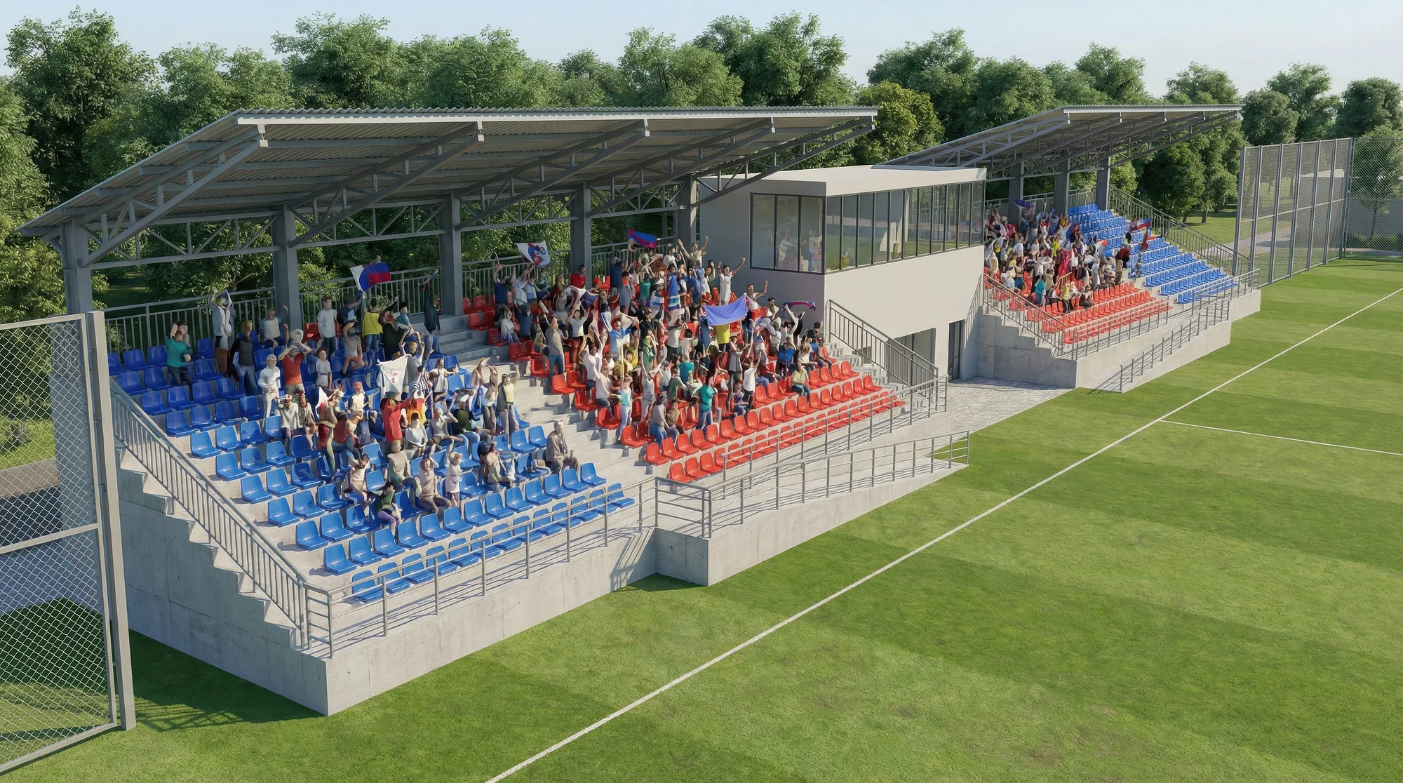 Rendering of the Gulbuloq mahalla: the football stadium stands — SAD studio