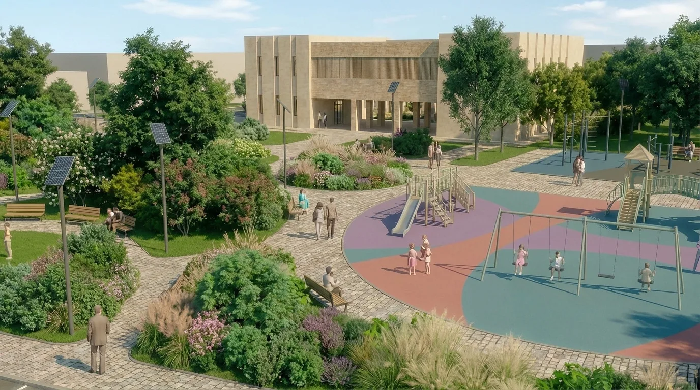 Rendering of the Gulbuloq mahalla: the playground by the mahalla centre — SAD studio