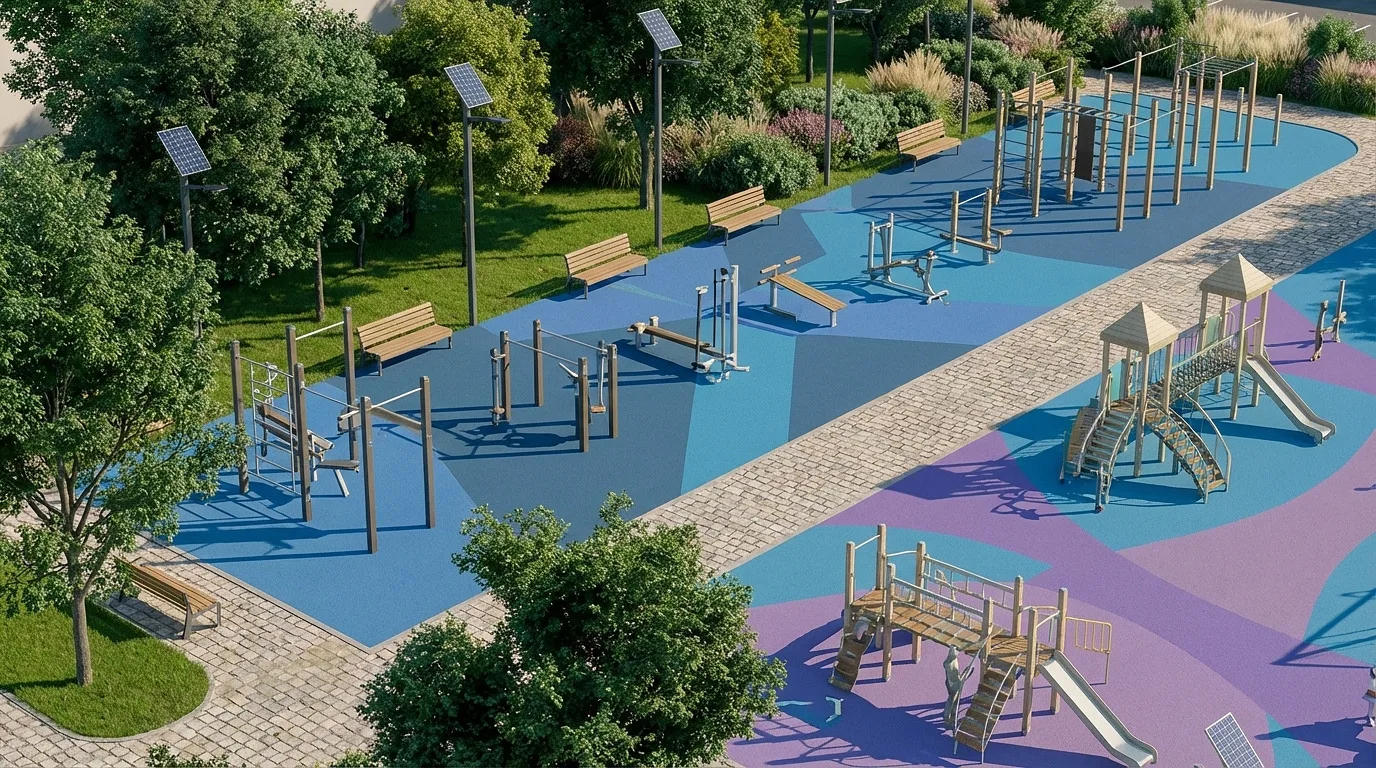 Rendering of the Gulbuloq mahalla: the playground and sports ground — SAD studio