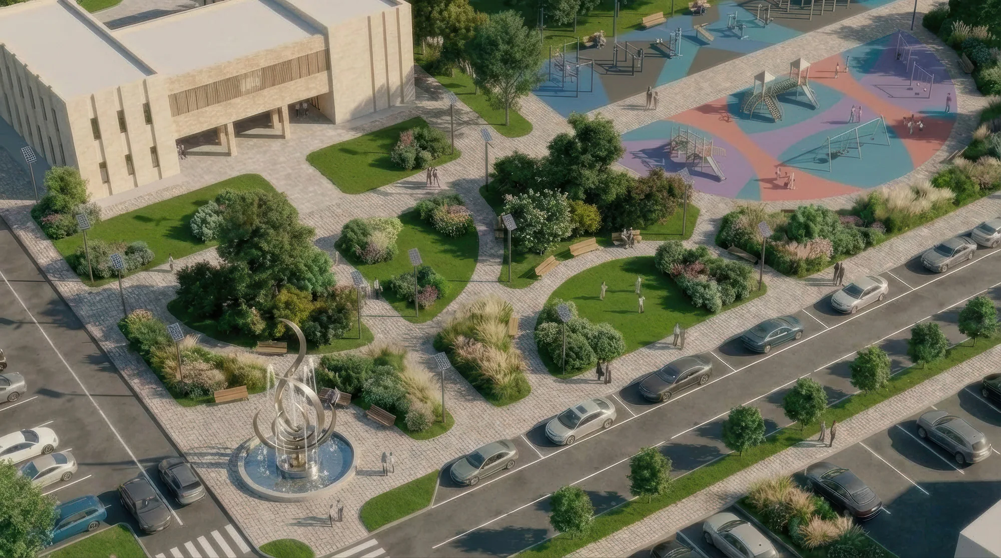 Rendering of the Gulbuloq mahalla: the mahalla from above: the square with the stele by the mahalla centre and parking — SAD studio