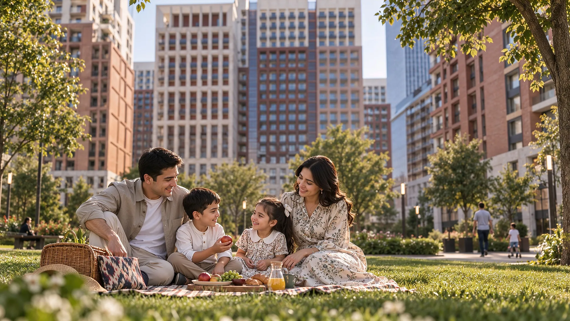 The Haven park: a family on the lawn among the residential blocks
