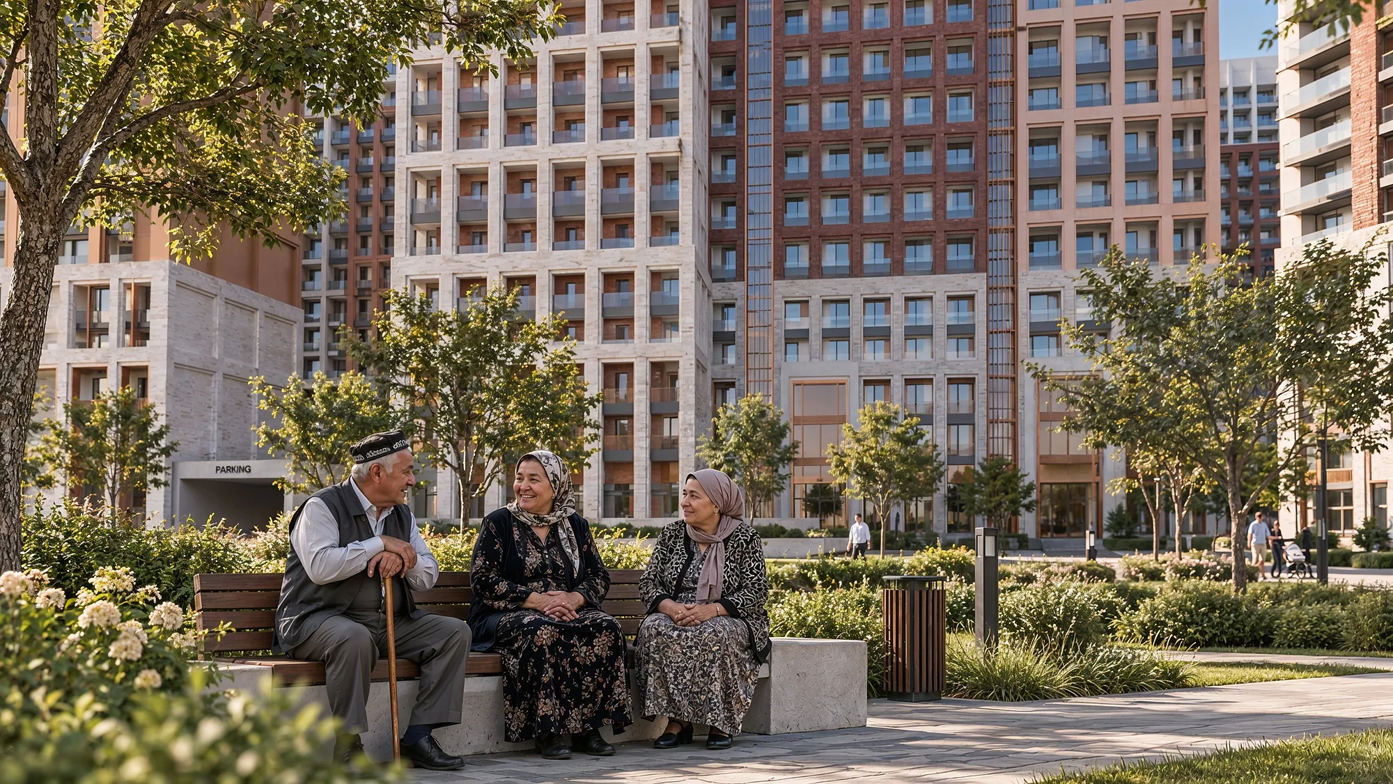 Benches in the Heaven garden square, with residents resting among the planting