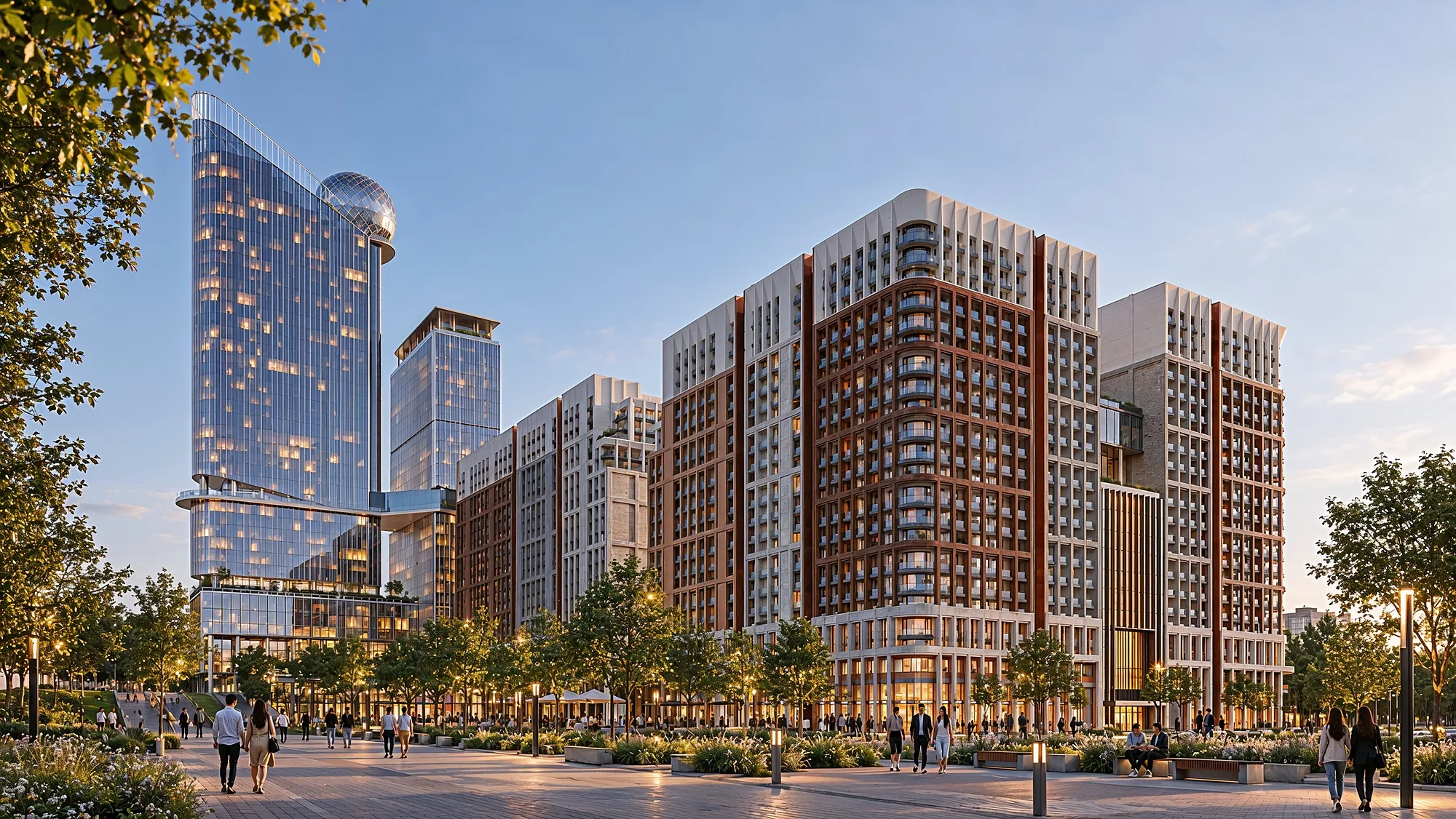 The Heaven residential complex at dusk: the square and pedestrian boulevard