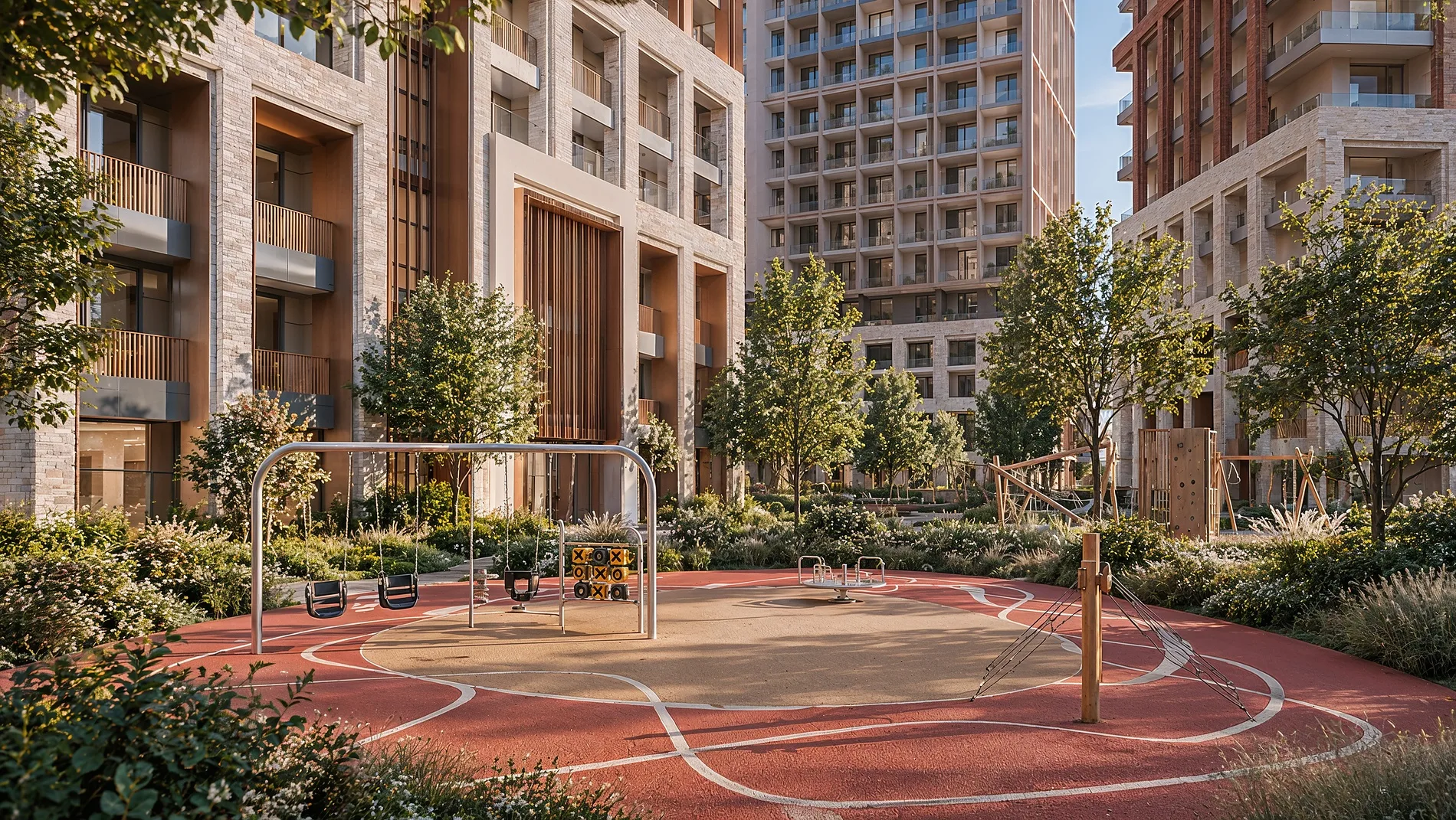 The courtyard of the Heaven residential complex with a sports ground