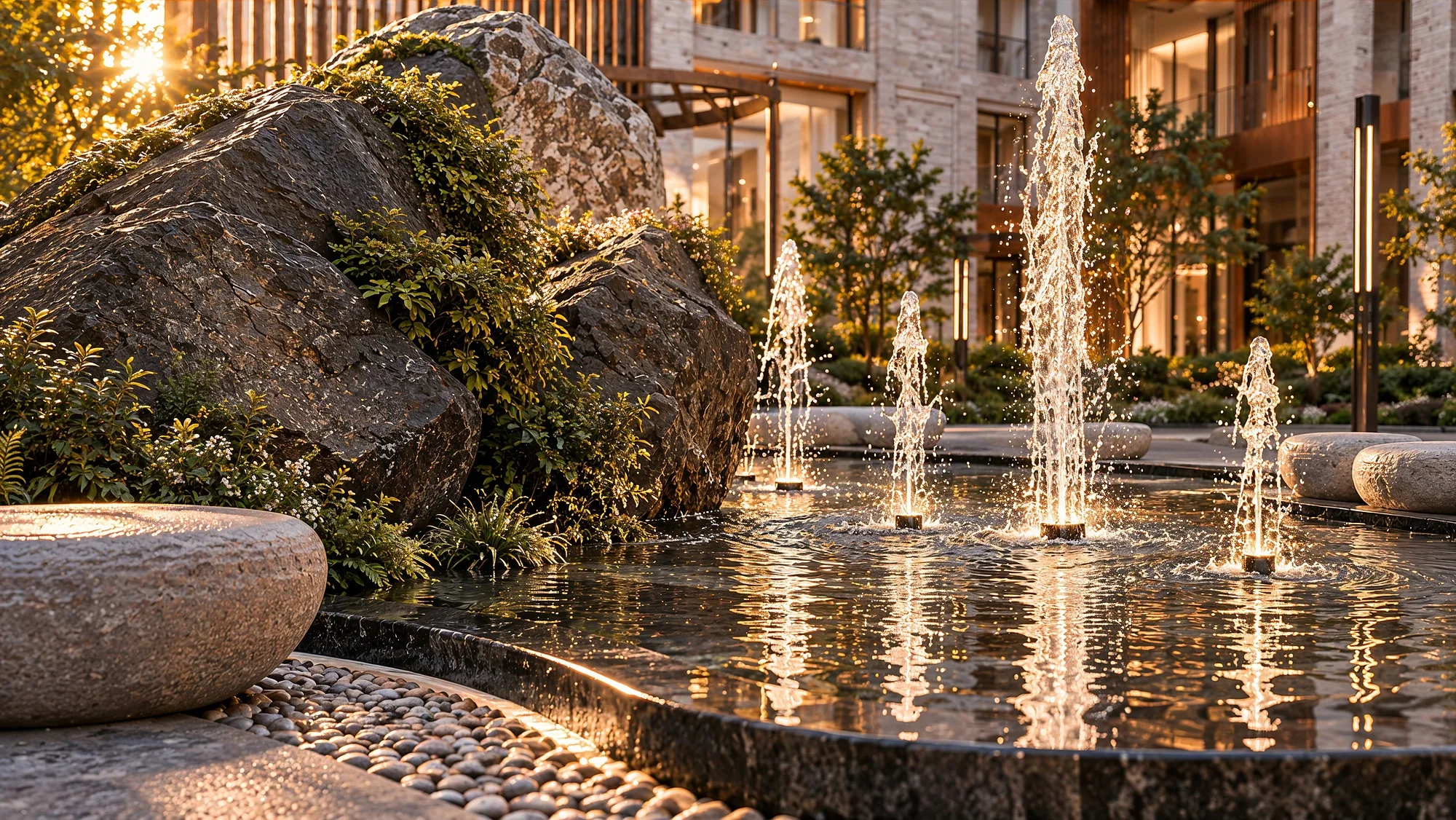 Illuminated fountains in the courtyard of the Heaven residential complex at dusk