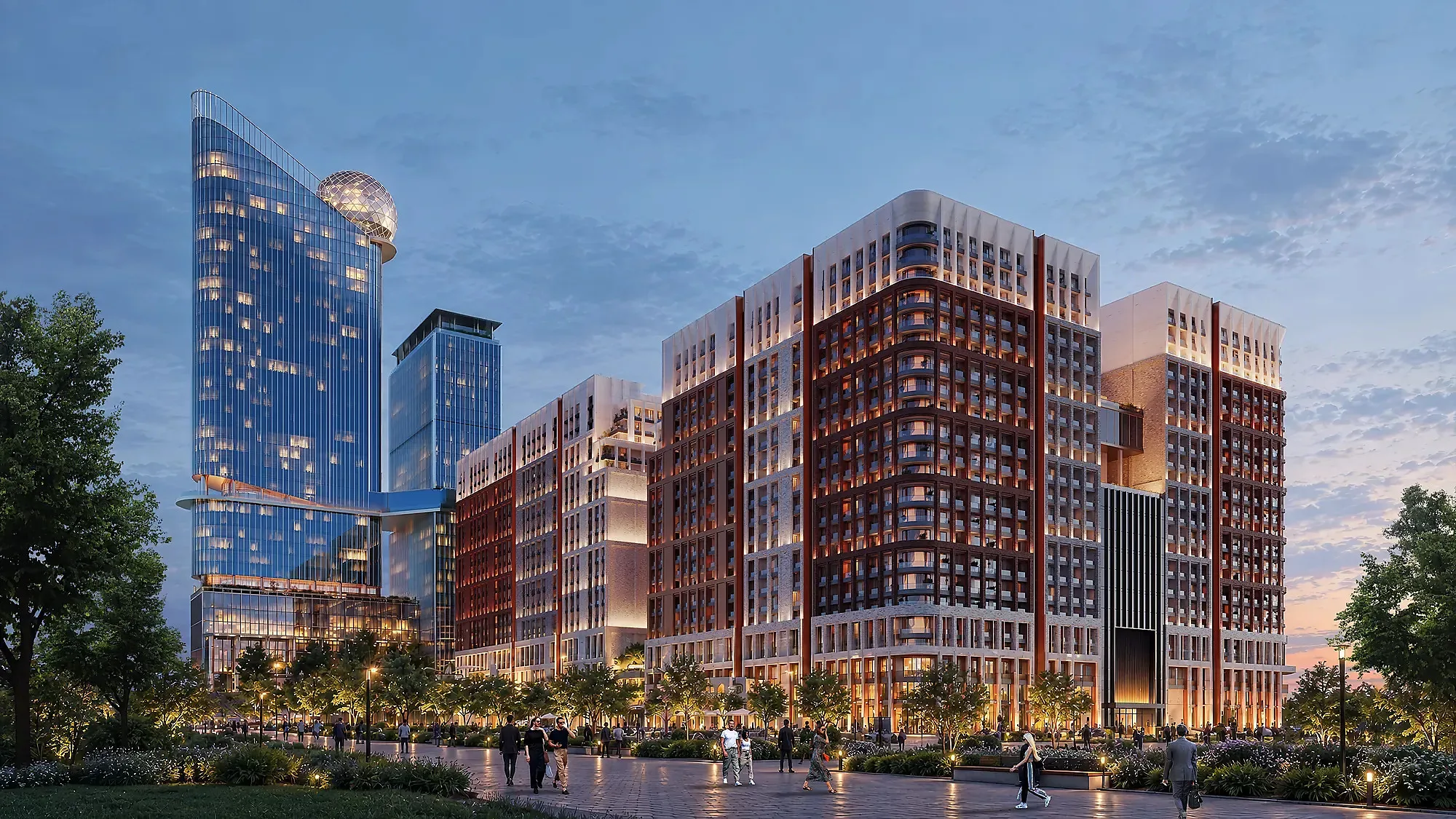 A mixed-use quarter: the housing blocks and the office towers