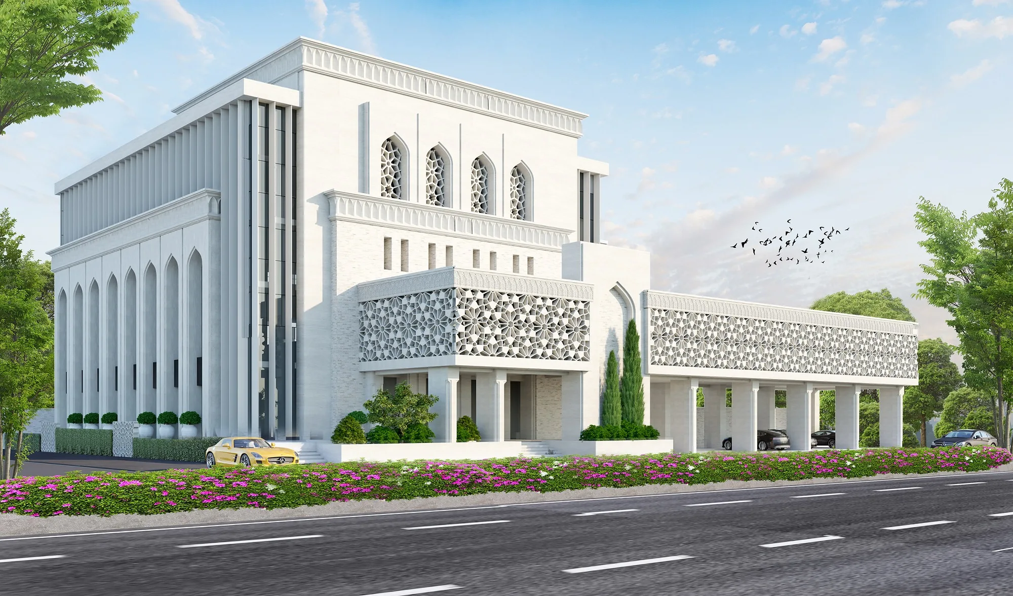 Hostel in Tashkent: the facade with white-stone sun screens — SAD studio