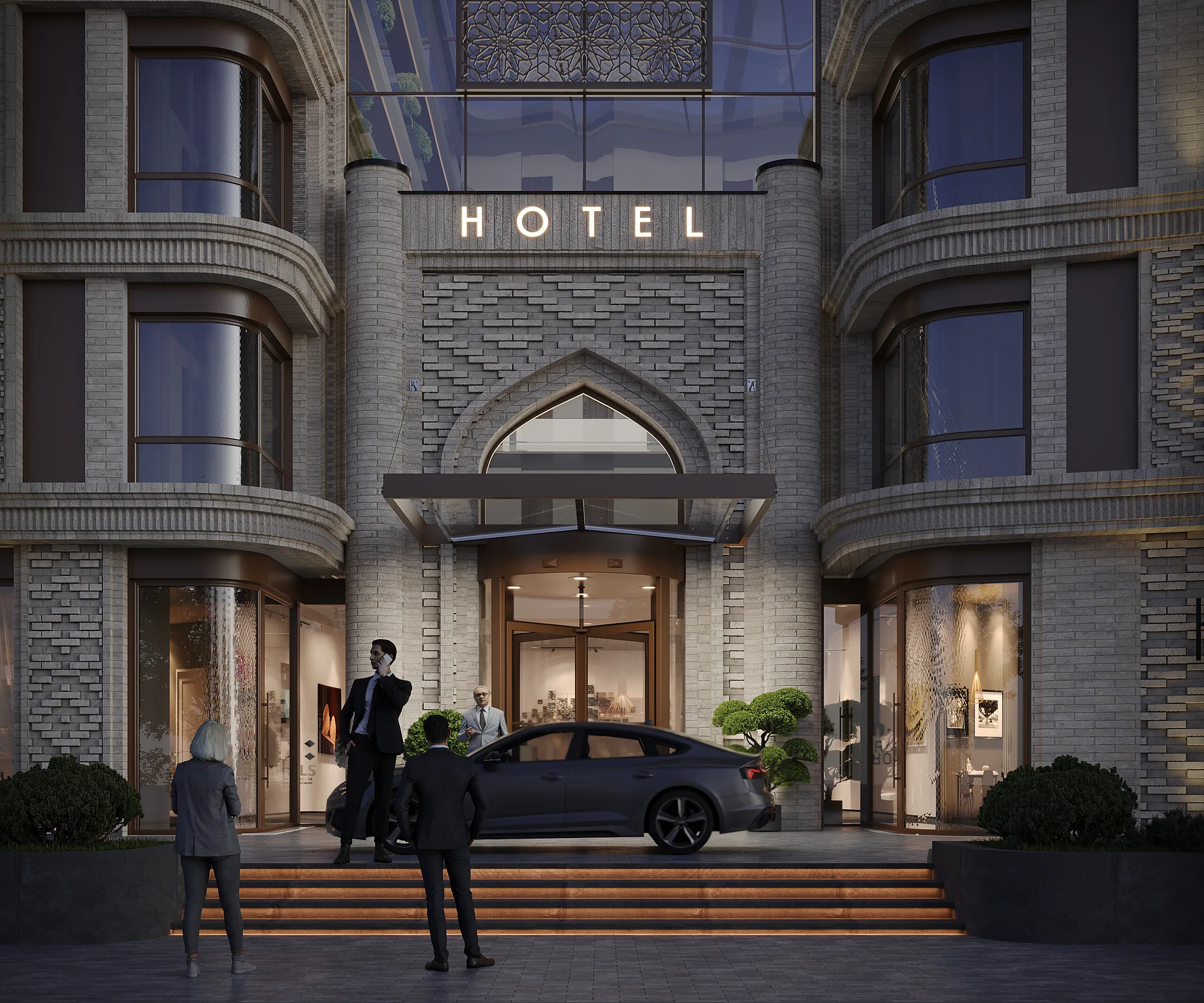 Entrance to the Bukhara hotel: the pointed-arch portal with the HOTEL sign, carved brickwork and the guest drop-off — SAD studio