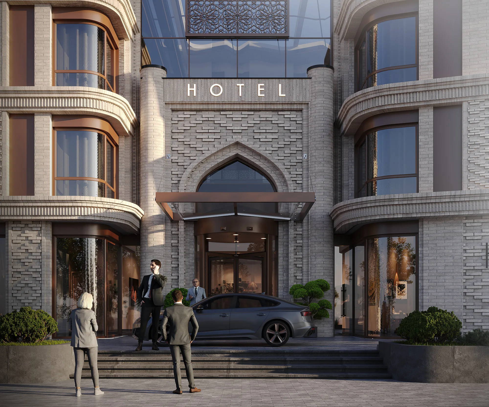 Entrance area of the Bukhara hotel close up: the bay windows, ground-floor shopfronts and the pointed arch of the portal — SAD studio