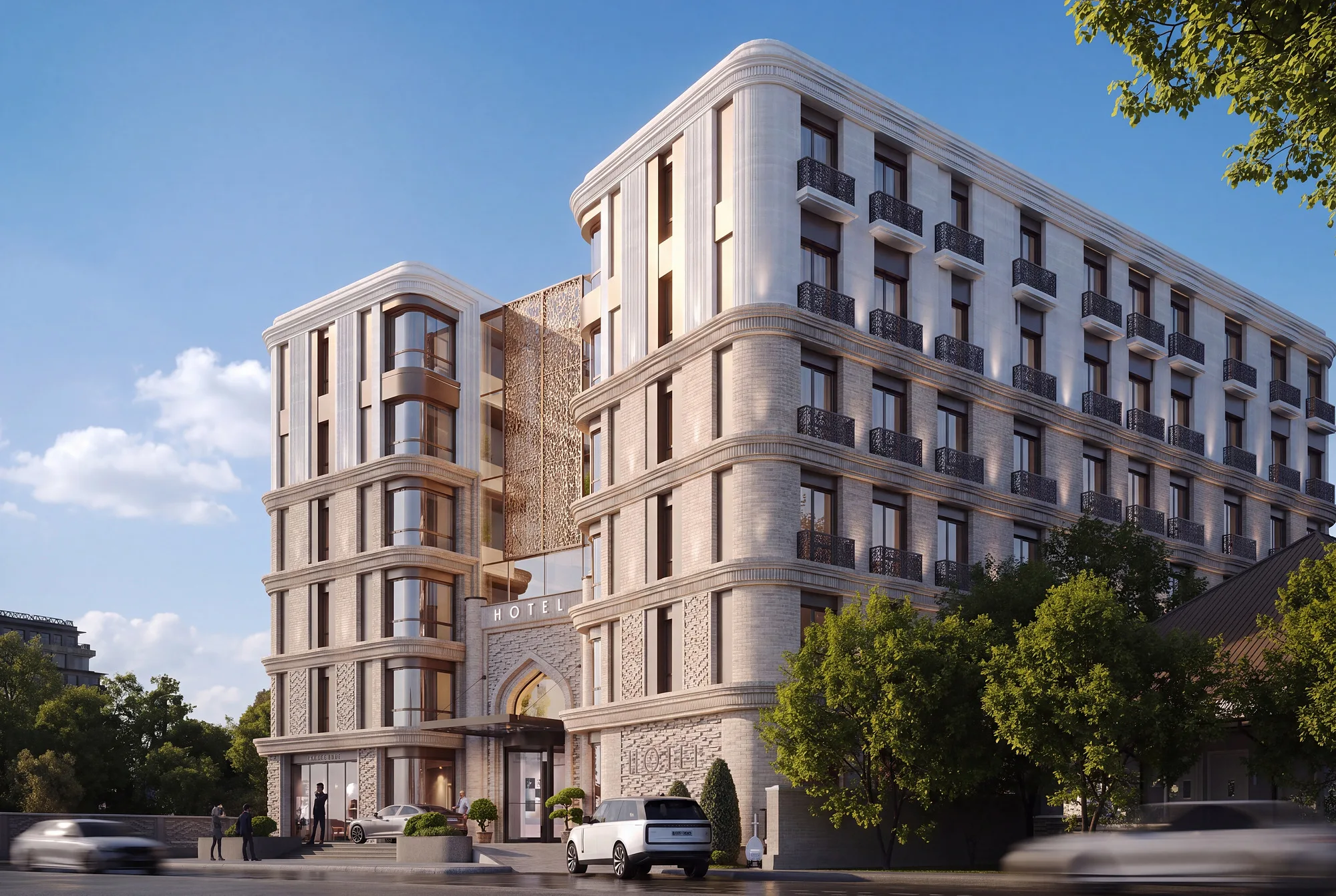 A hotel in Bukhara: the corner volume with bay windows, patterned brickwork and a pointed entrance portal — SAD studio