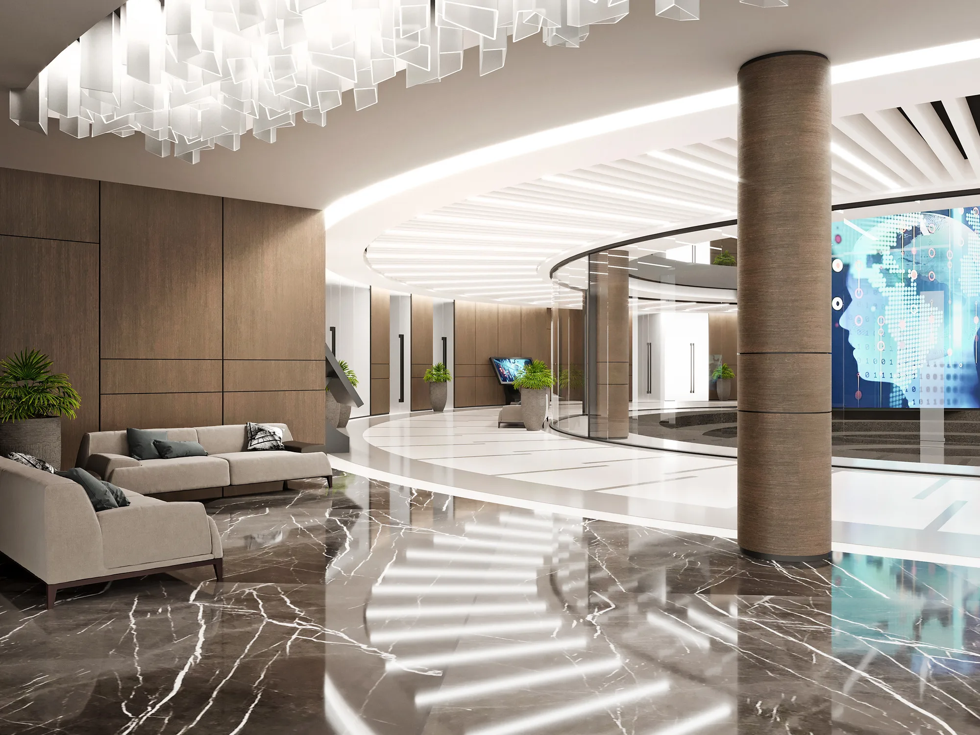 Hall of the Ministry of Innovative Development in Tashkent: the marble floor, the round upper gallery and a waiting area — SAD studio