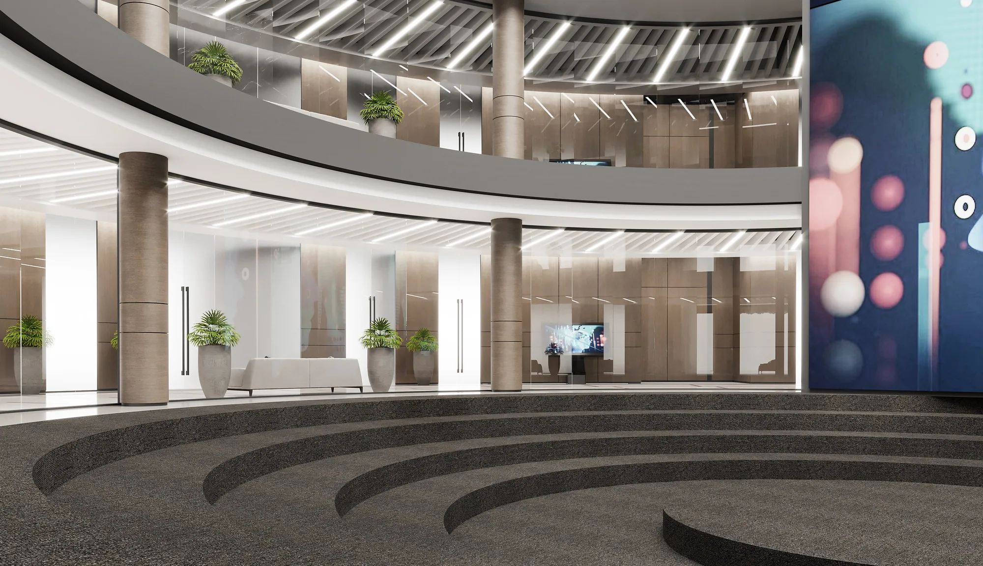 Event amphitheatre at the Ministry of Innovative Development: stepped seating, columns and a media screen — SAD studio