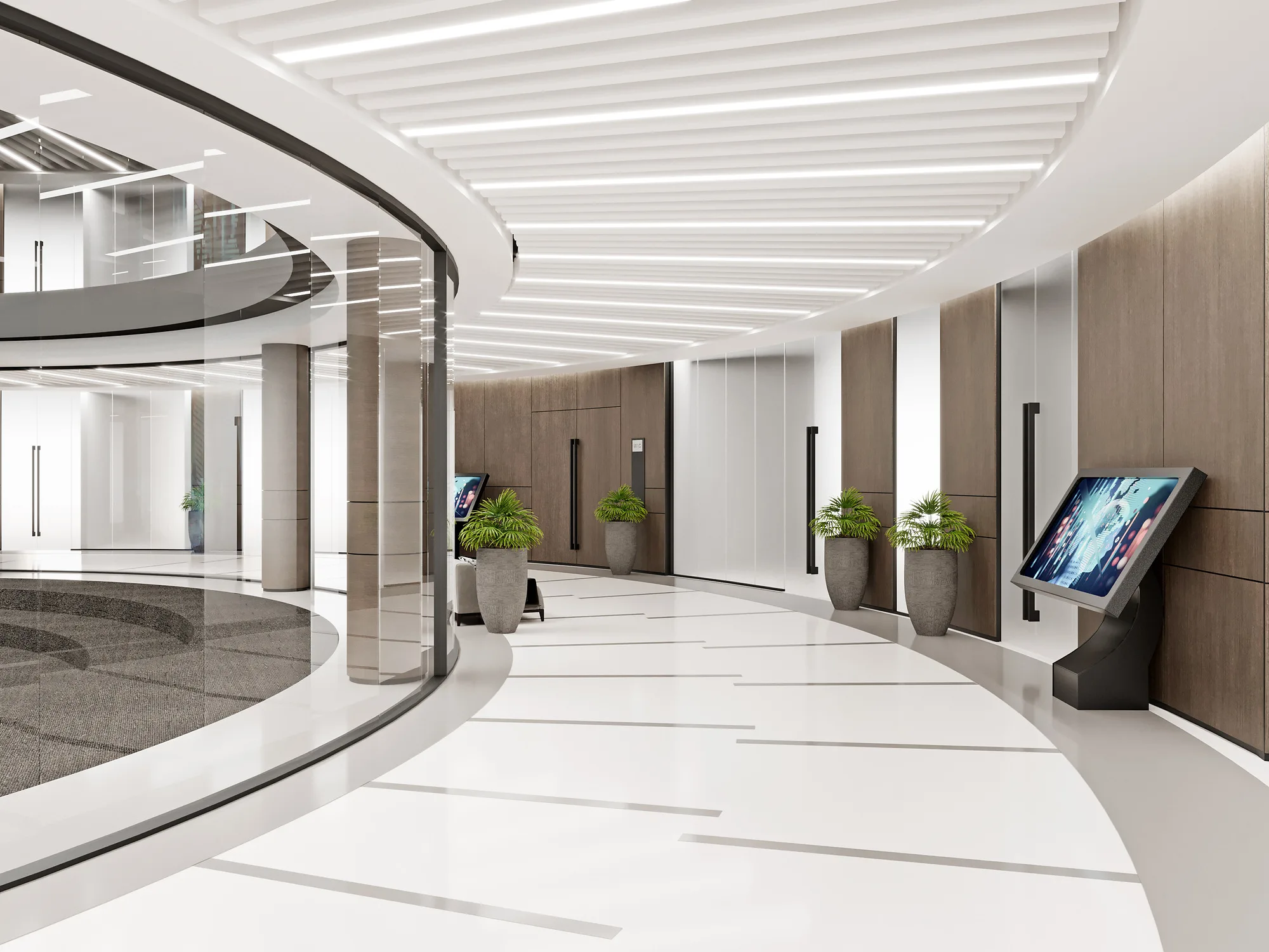 Hall of the Ministry of Innovative Development with a media stand: the curved gallery and timber wall panels — SAD studio