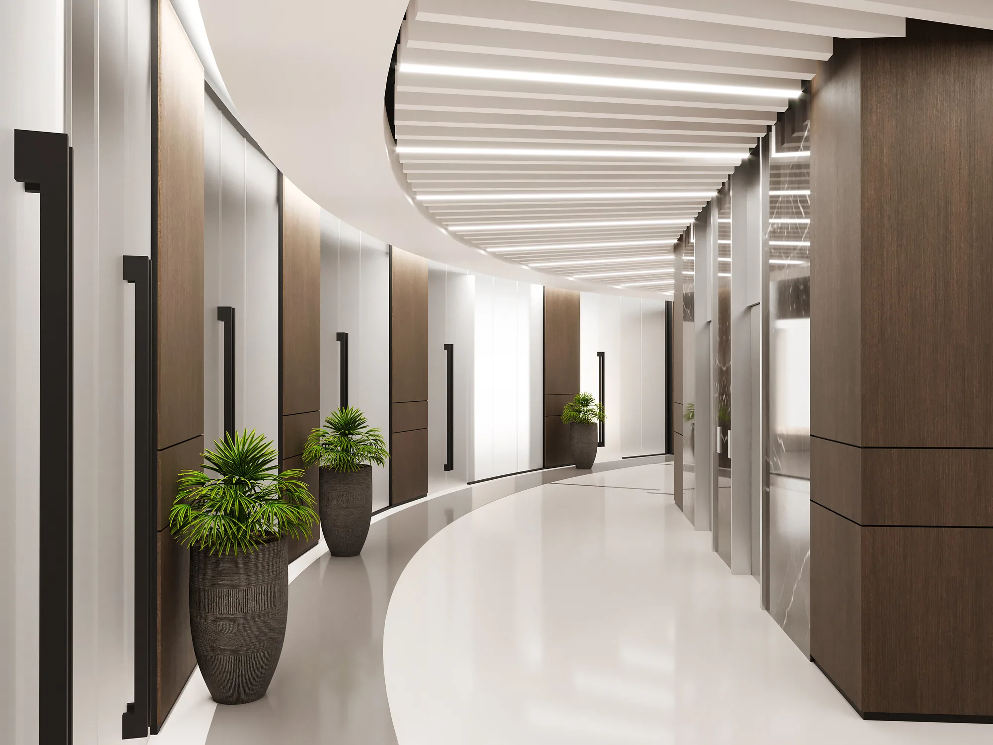 Corridor of the Ministry of Innovative Development: timber cladding, linear light and planters — SAD studio