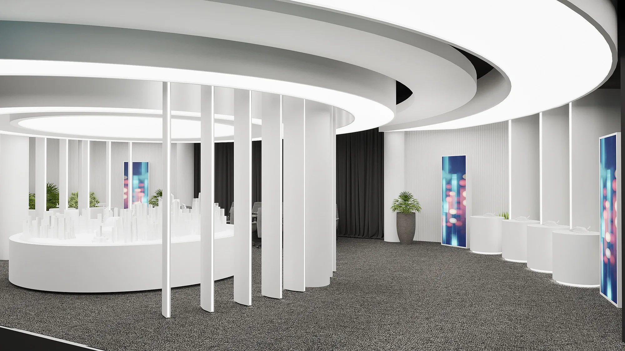 Presentation hall of the Ministry of Innovative Development: a white model installation beneath a ring ceiling — SAD studio