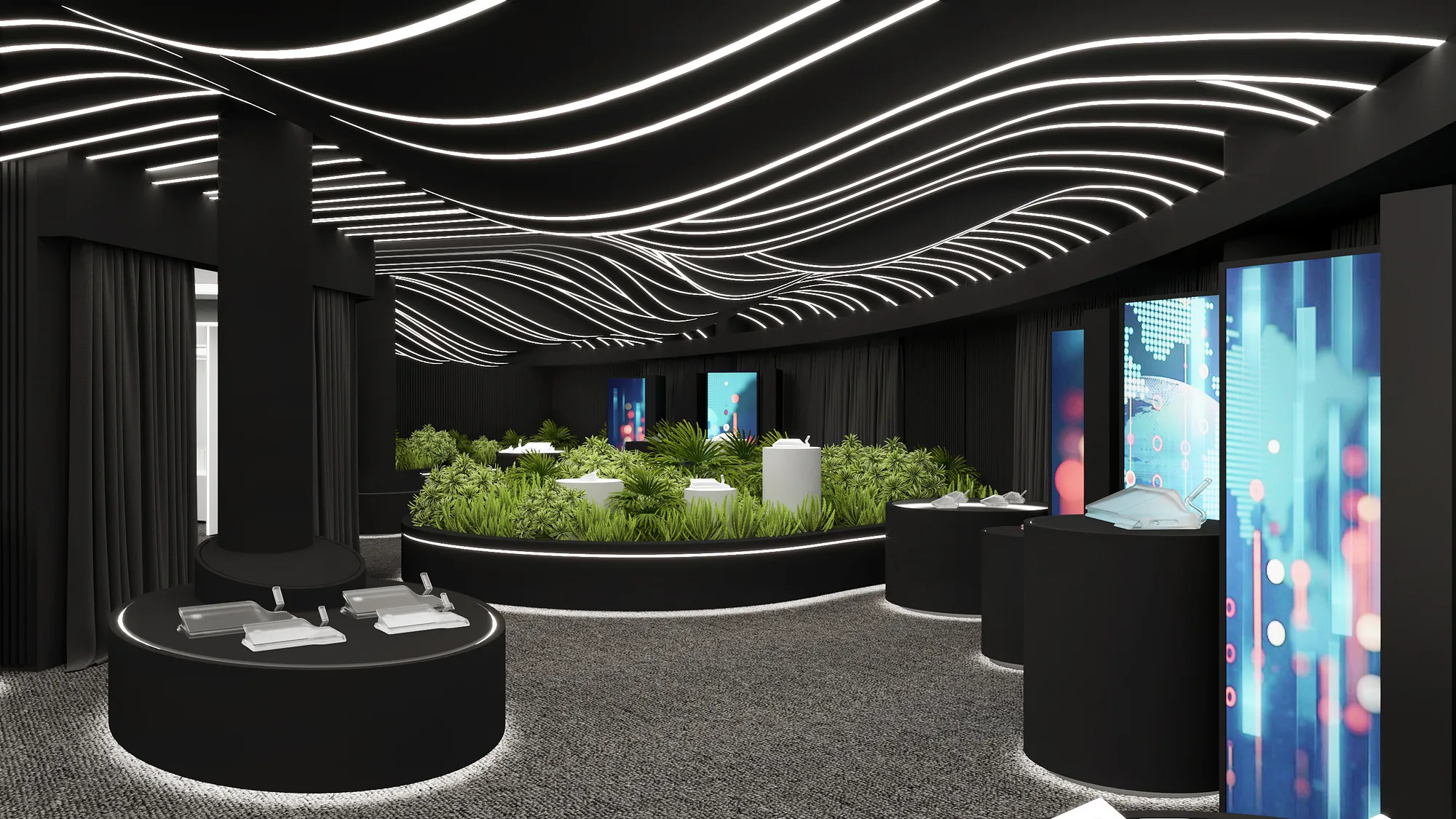 Exhibition hall of the Ministry of Innovative Development: a glowing wave ceiling, dark plinths and media panels — SAD studio
