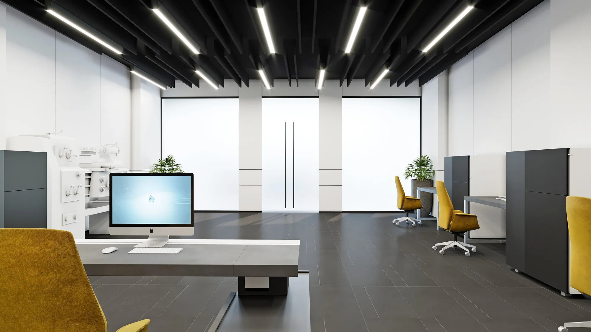 Working laboratory of the Ministry of Innovative Development: equipment benches, yellow chairs and an open ceiling — SAD studio