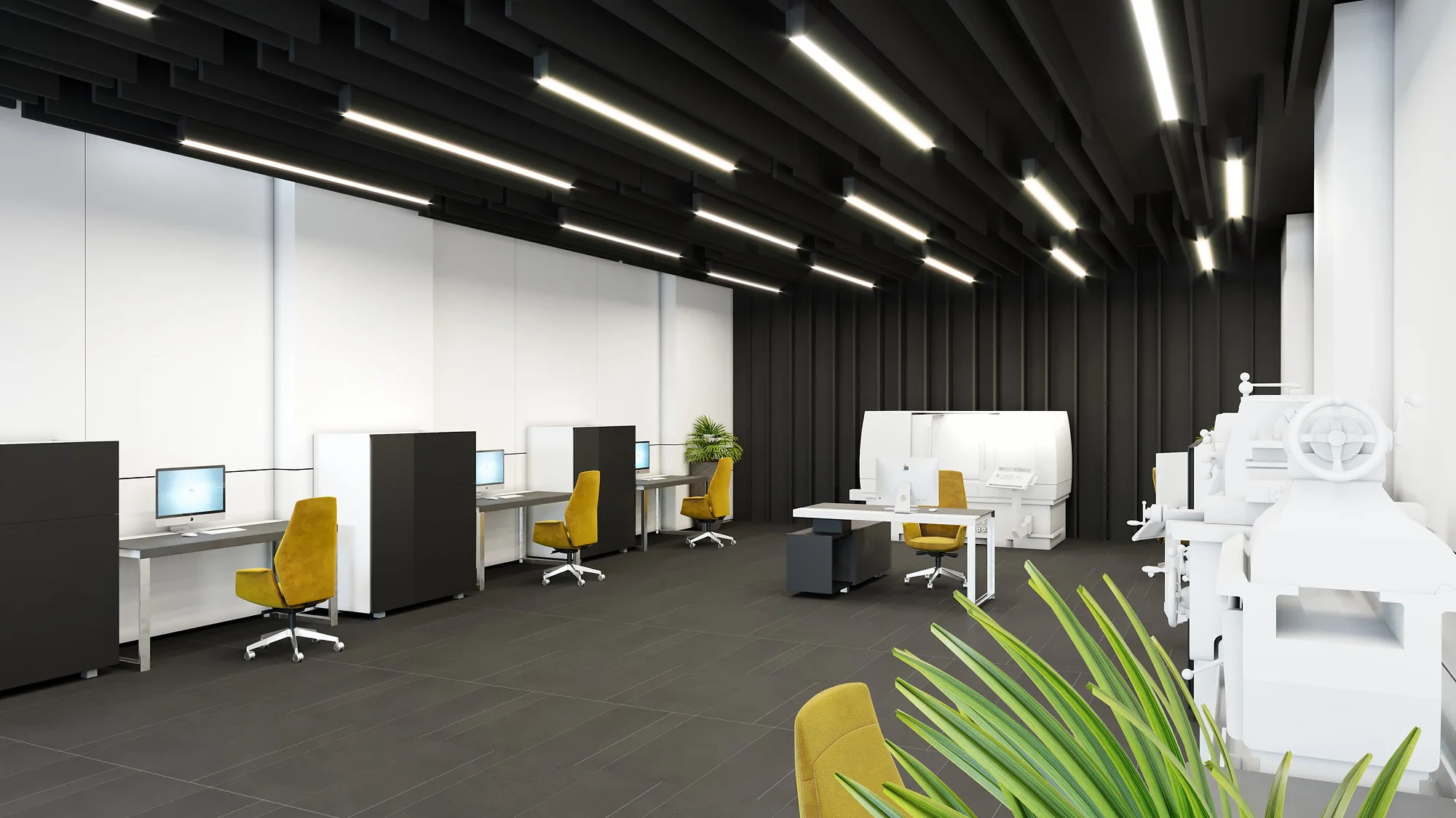 Laboratory of the Ministry of Innovative Development: rows of workplaces, instruments and screens between the benches — SAD studio