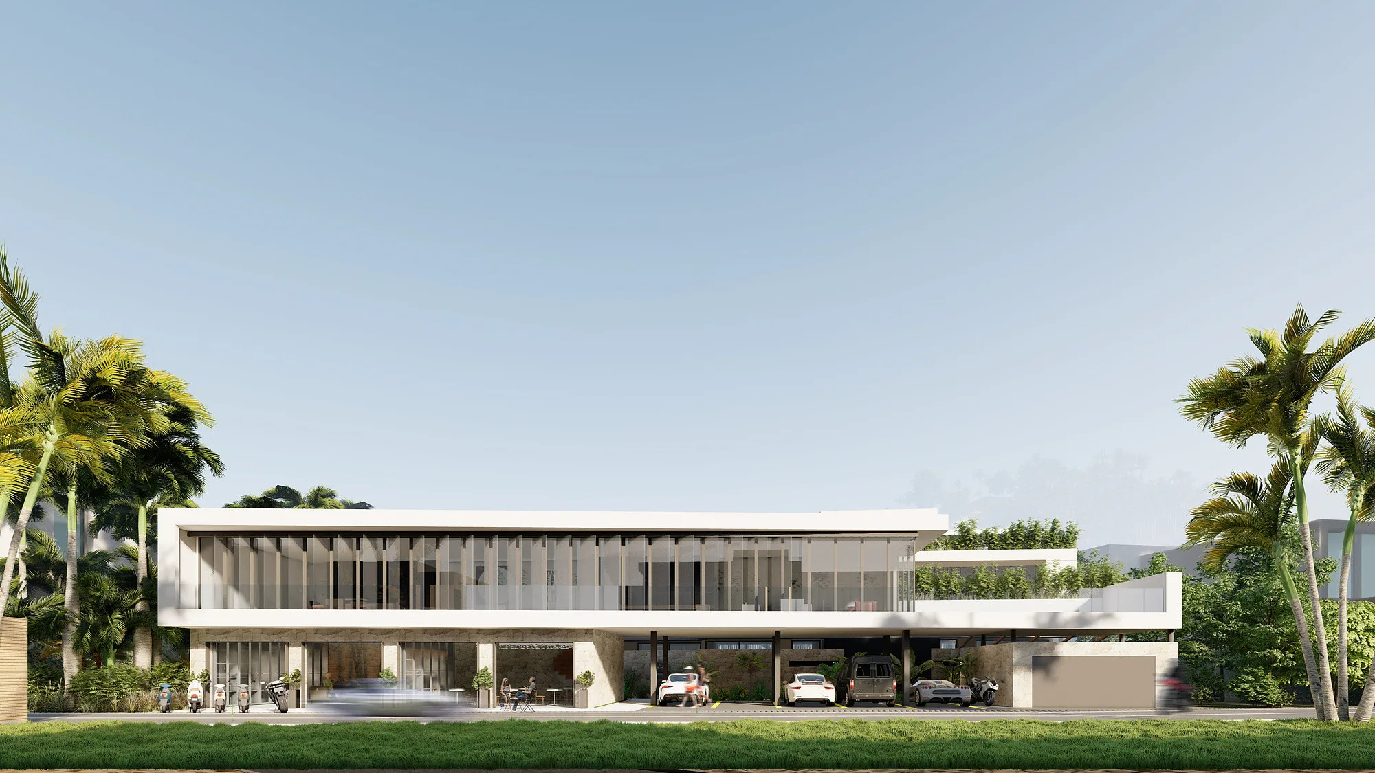 Jalan Tegal Cupec complex in Bali: the long villa volume among palms, seen from the lawn — SAD studio