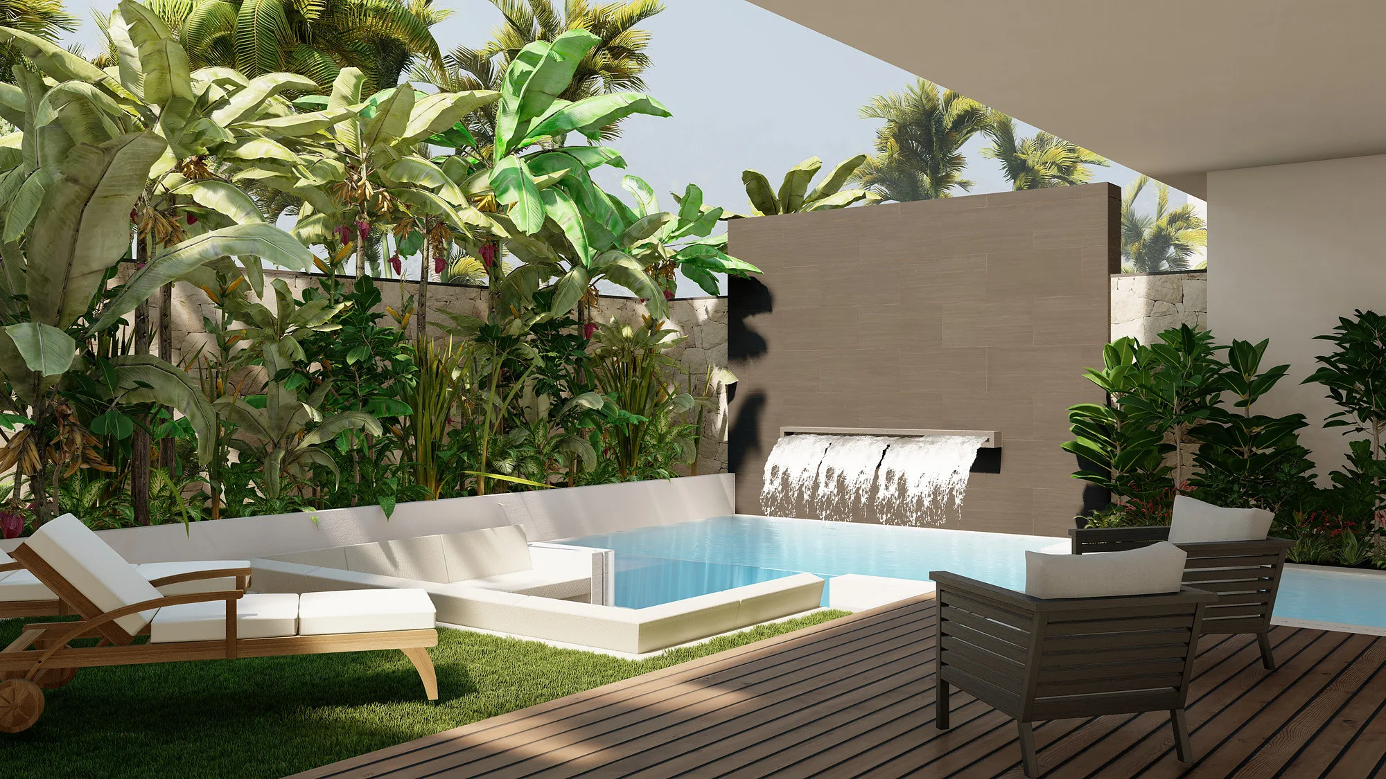 Private pool at a Jalan Tegal Cupec villa in Bali: the timber deck, loungers and tropical planting — SAD studio