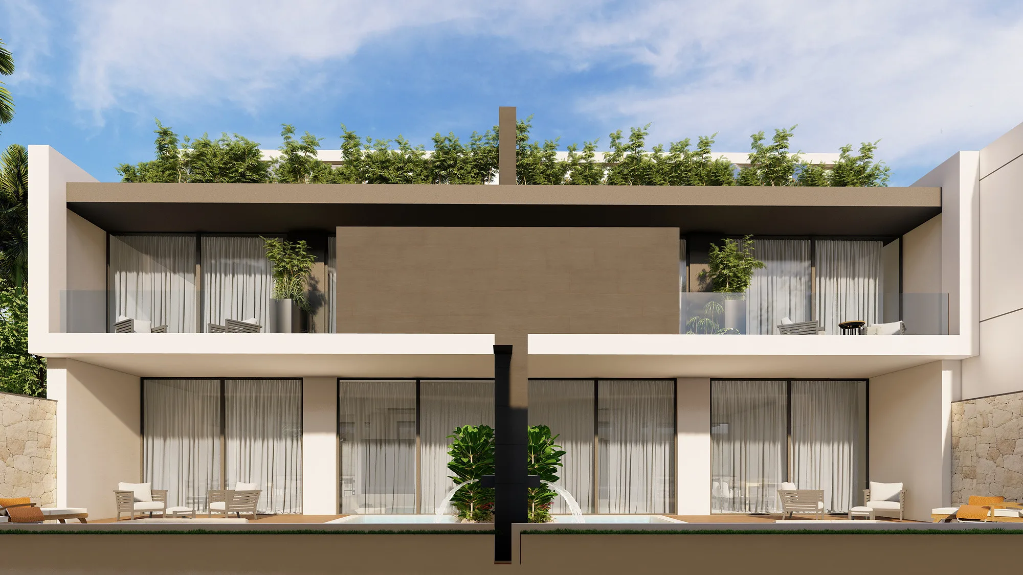 Frontal elevation of a Jalan Tegal Cupec villa in Bali: two levels of full glazing and greenery on the roof — SAD studio