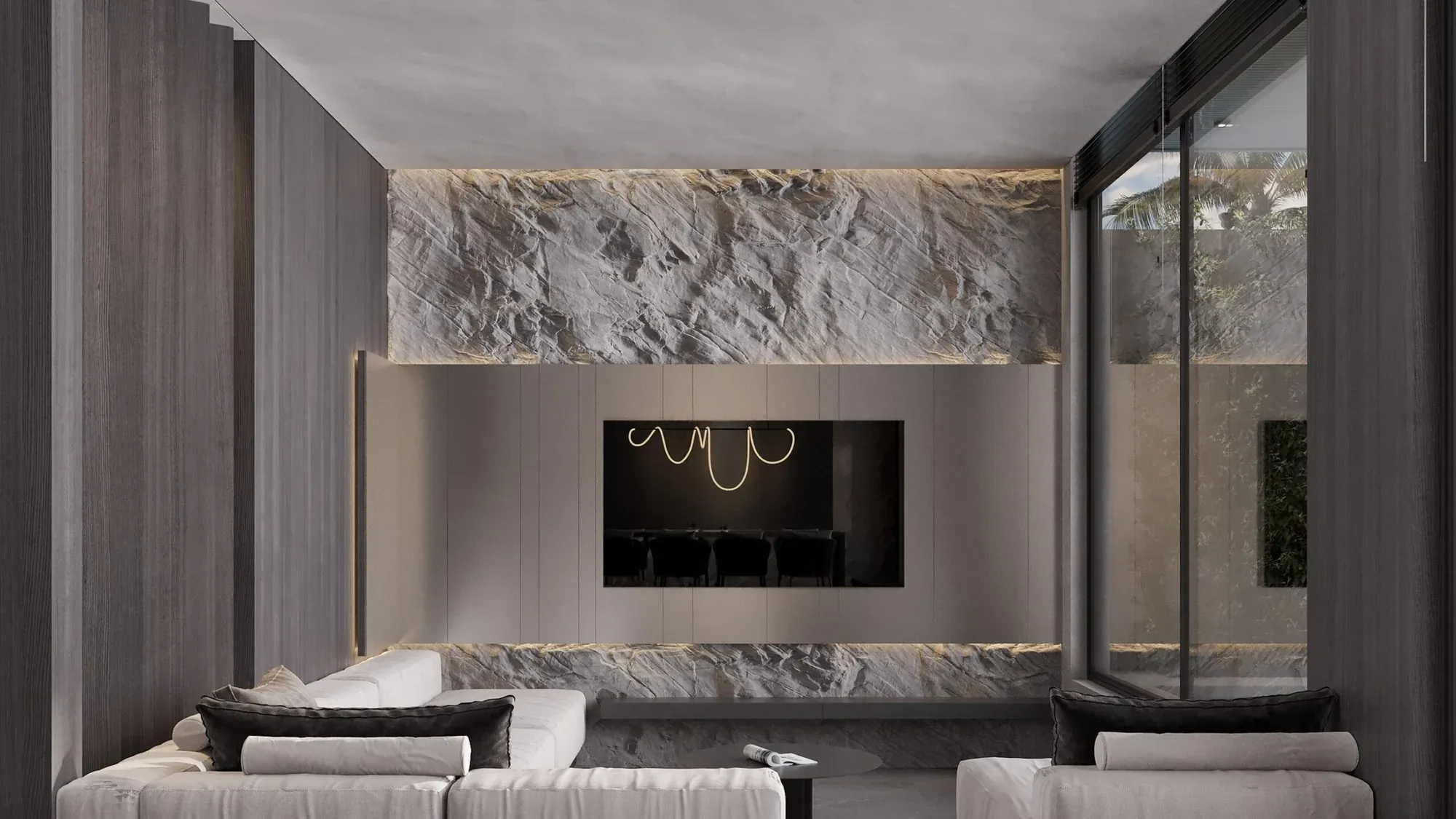 Living room of a Jalan Tegal Cupec villa in Bali: a natural stone wall, the sofa and the way out to the terrace — SAD studio