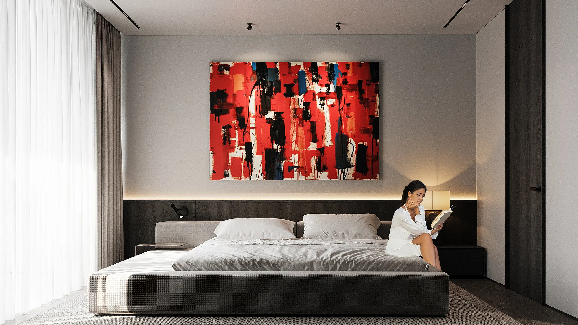 Bedroom of a Jalan Tegal Cupec villa in Bali: the bed with a lit headboard wall and a painting — SAD studio